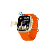 A gold-colored Modio Ultra Smart Watch with an orange strap, dual camera, and a display showing time and weather widget.
