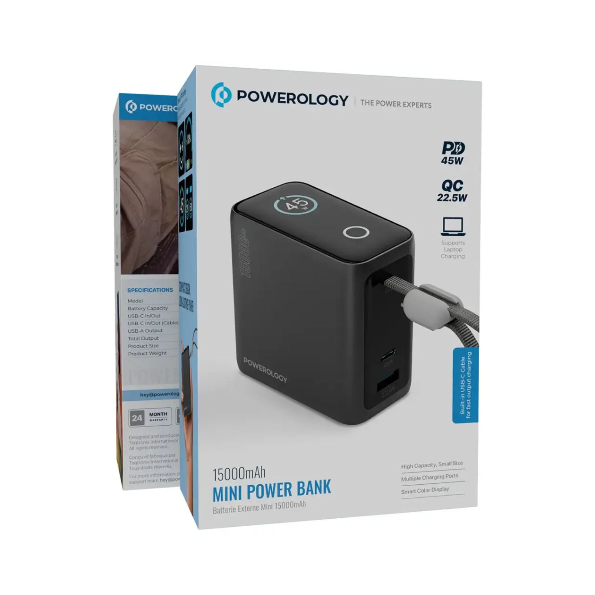 Powerology 15000mAh Mini Power Bank with Multiple Charging Ports, Universal Compatibility, Advanced Safety Features, Smart TFT Display, Built-in USB-C Cable - Black