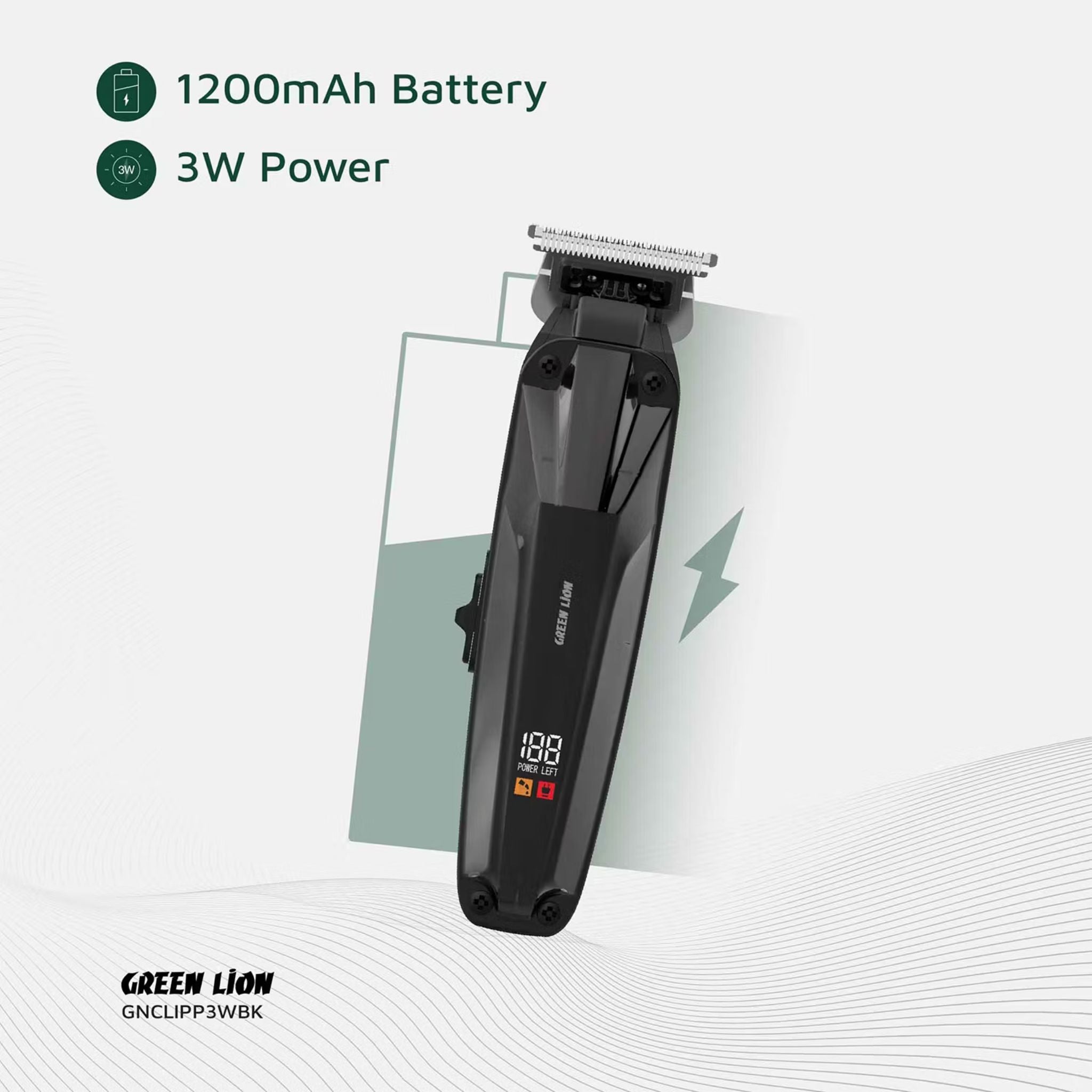 Green Lion Clip Master Professional Hair Clipper with LED Display & On/Off Switch, 3 Hours Working Time, Corded & Cordless Functionality, 7200RPM Power, Stainless Steel Blade, 1200mAh Battery Capacity, Includes 1.5, 3, 4.5mm Comb Sizes - Black