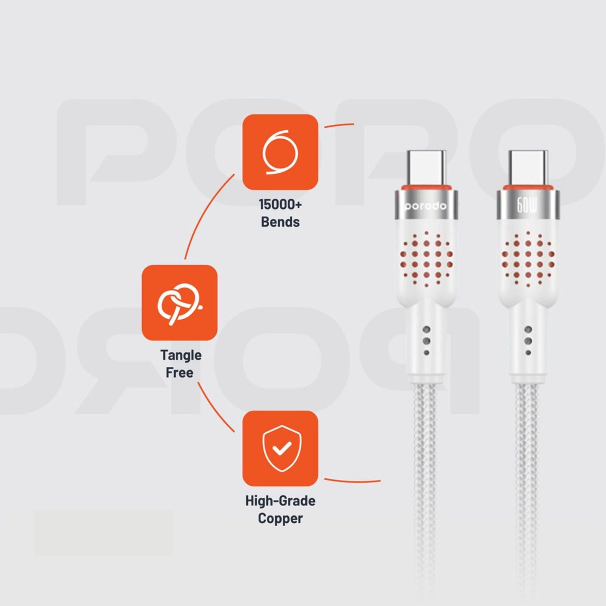 Porodo Aluminum Alloy Braided Cable Type-C to C 1.2m, PD 60W, 480Mbps Transfer Speed, more than 15000 Bends Life Span, Tangle Free - White