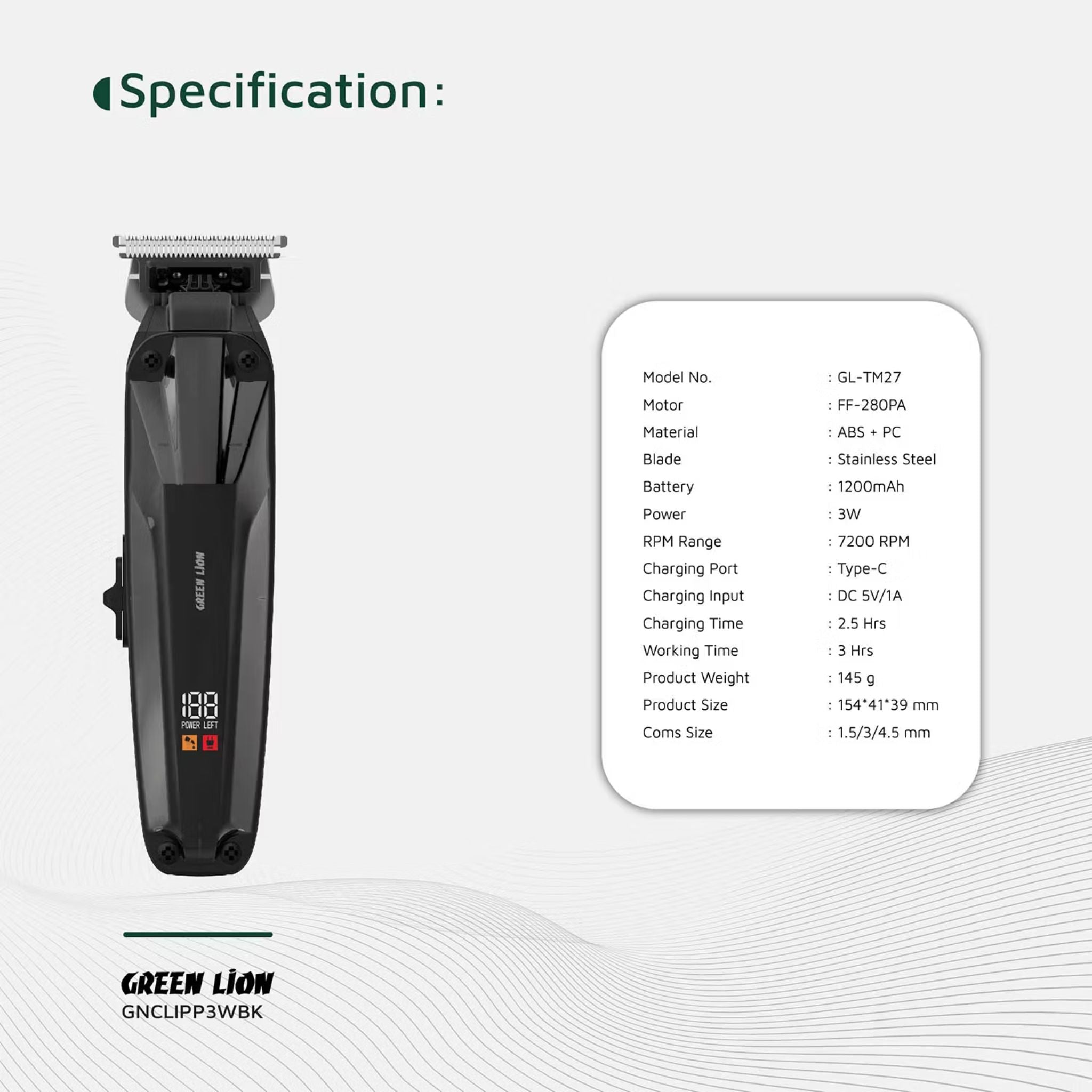Green Lion Clip Master Professional Hair Clipper with LED Display & On/Off Switch, 3 Hours Working Time, Corded & Cordless Functionality, 7200RPM Power, Stainless Steel Blade, 1200mAh Battery Capacity, Includes 1.5, 3, 4.5mm Comb Sizes - Black