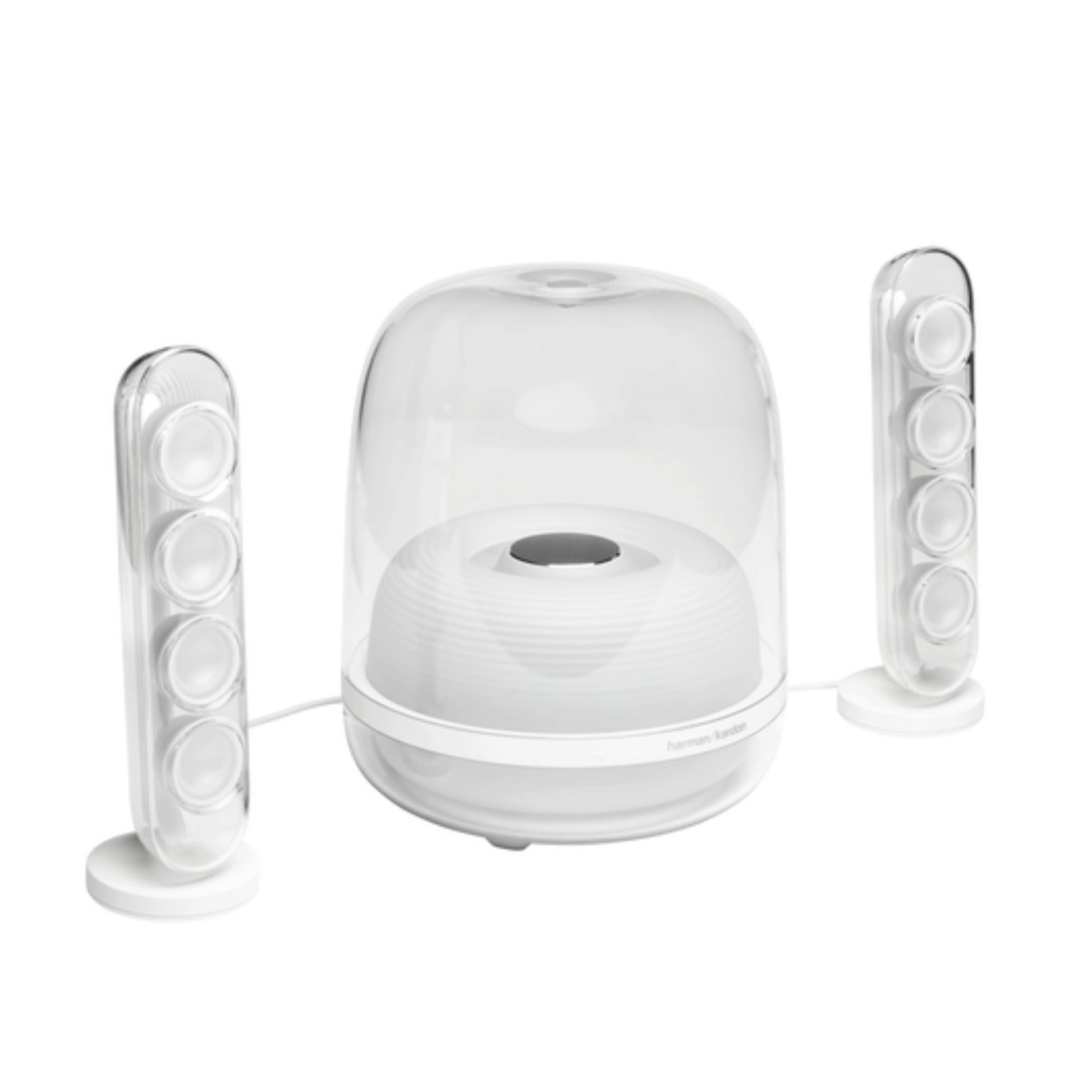 White electronic device with two side speakers on a white background