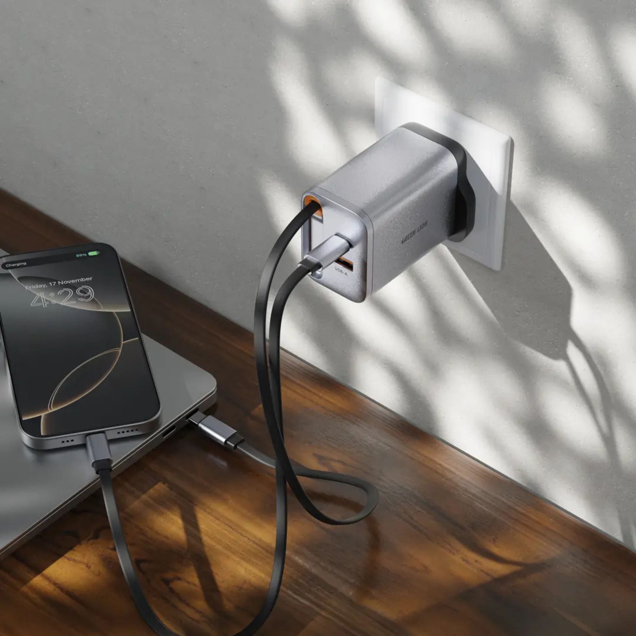 Green Lion GaN Premium 67W Wall Charger with UK Plug – Type-C PD 67W, USB-A 30W, Retractable 70cm Type-C Cable, Multi-Device Fast Charging, PPS Support, Compact Flame-Retardant Design – Grey