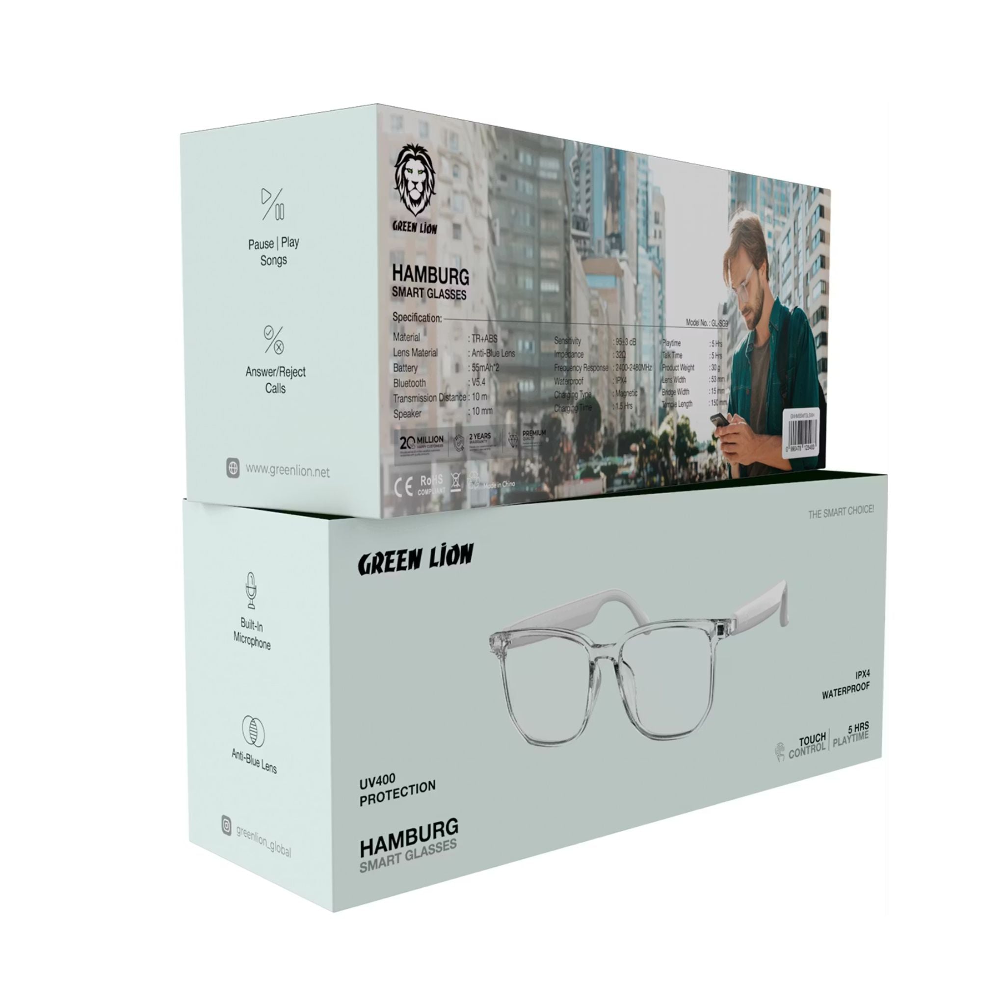 Green Lion Hamburg Smart Glasses with Touch Control, UV400 Protection, Built-in Microphone, Remote Camera & Voice Assistant, Anti-Blue Lenses, Up to 5 Hours Play Time, 1.5-Hour Magnetic Charging Time, 10m Transmission Distance - White