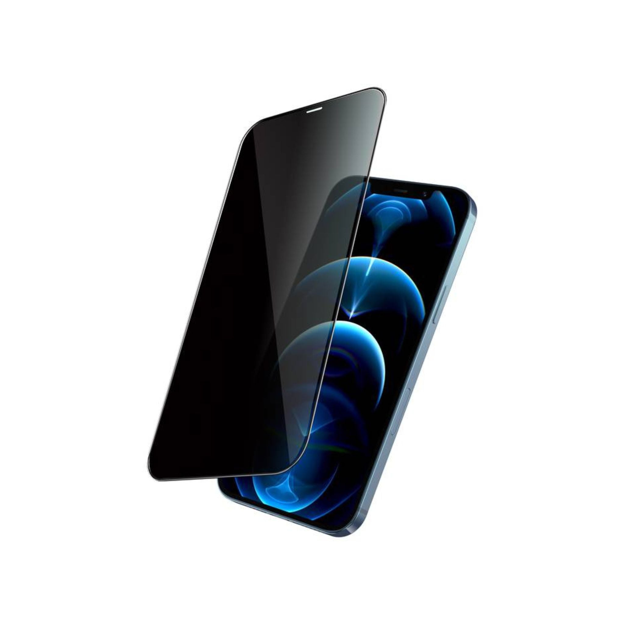 A black colored privacy full glass screen protector for iPhone 12 Pro Max.