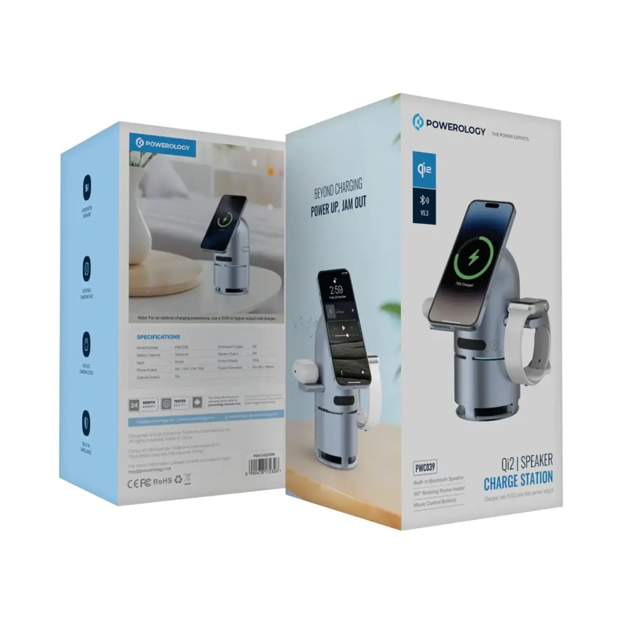 Powerology Qi2 Speaker Charge Station with Pop-Out Charging Dock, 15W Maximum Phone Output, 1000mAh Battery Capacity, Bluetooth Version 5.3, Built-in Safeguards - Gray
