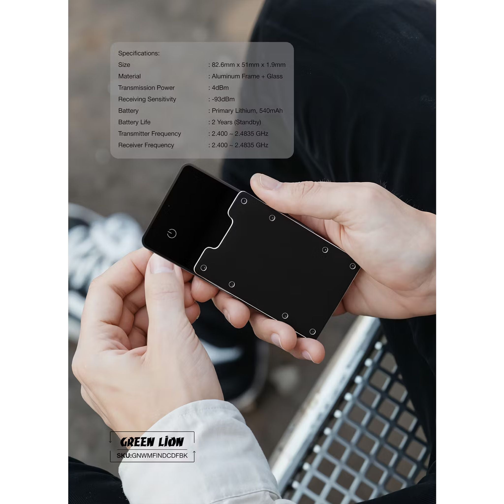 Green Lion Wallet Mate Card Finder with Aluminum Frame & Glass Material, 540mAh Battery Capacity, Primary Lithium Battery Type, Water Resistant, Thin & Durable, 2 Years Battery Life - Black