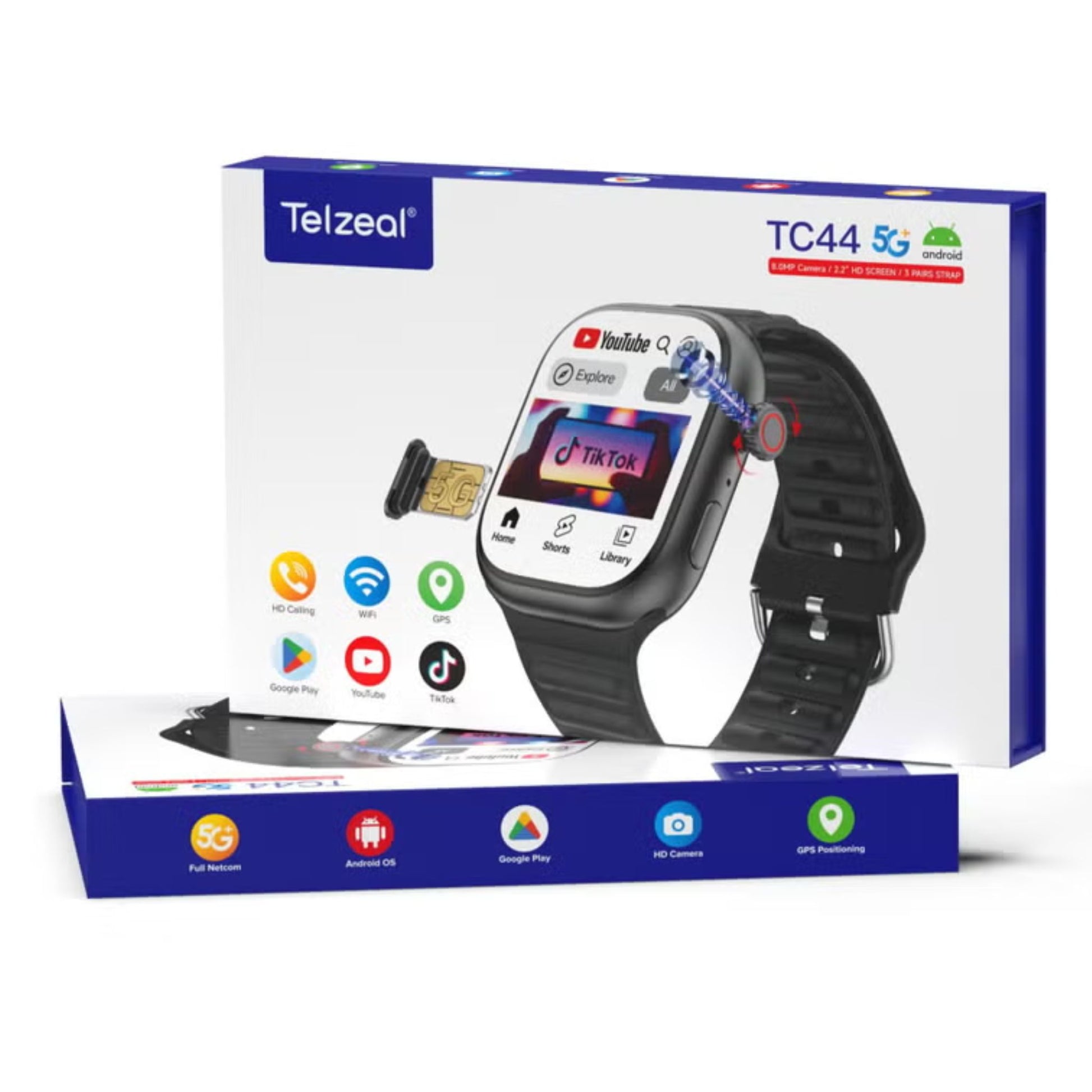 Smartwatch packaging with Telzeal branding on a white background