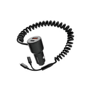 A black Porodo dual port car charger with integrated cables, featuring a USB-A and USB-C port, and a spring coiled cable.