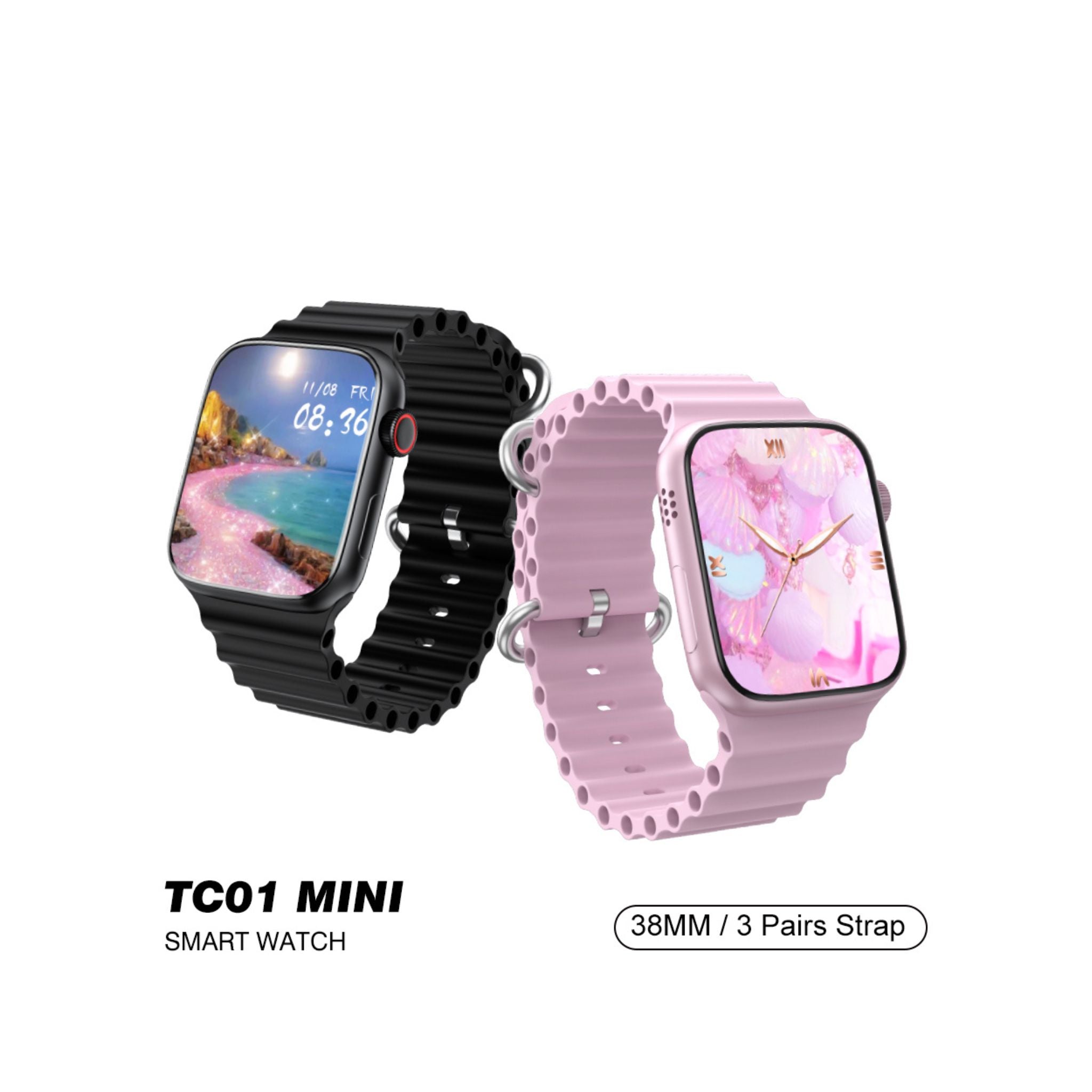 Two smart watches, one with a black band and black case, the other with a pink band and black case, both displaying colorful watch faces.
