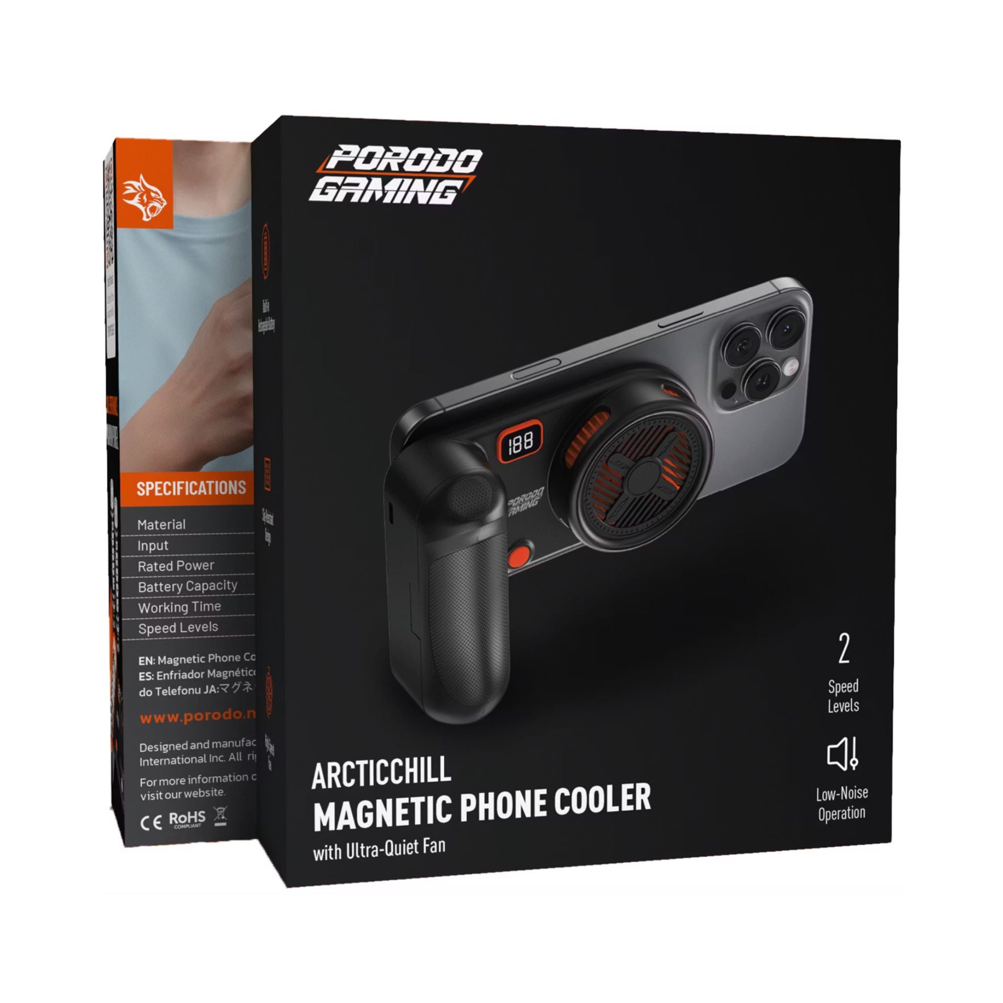 Porodo Gaming Arcticchill Magnetic Phone Cooler with Ultra-Quiet Fan, High Speed Fan, Slip-Resistant Design, 90 Minutes Working Time, 5000mAh Battery Capacity - Black / Orange