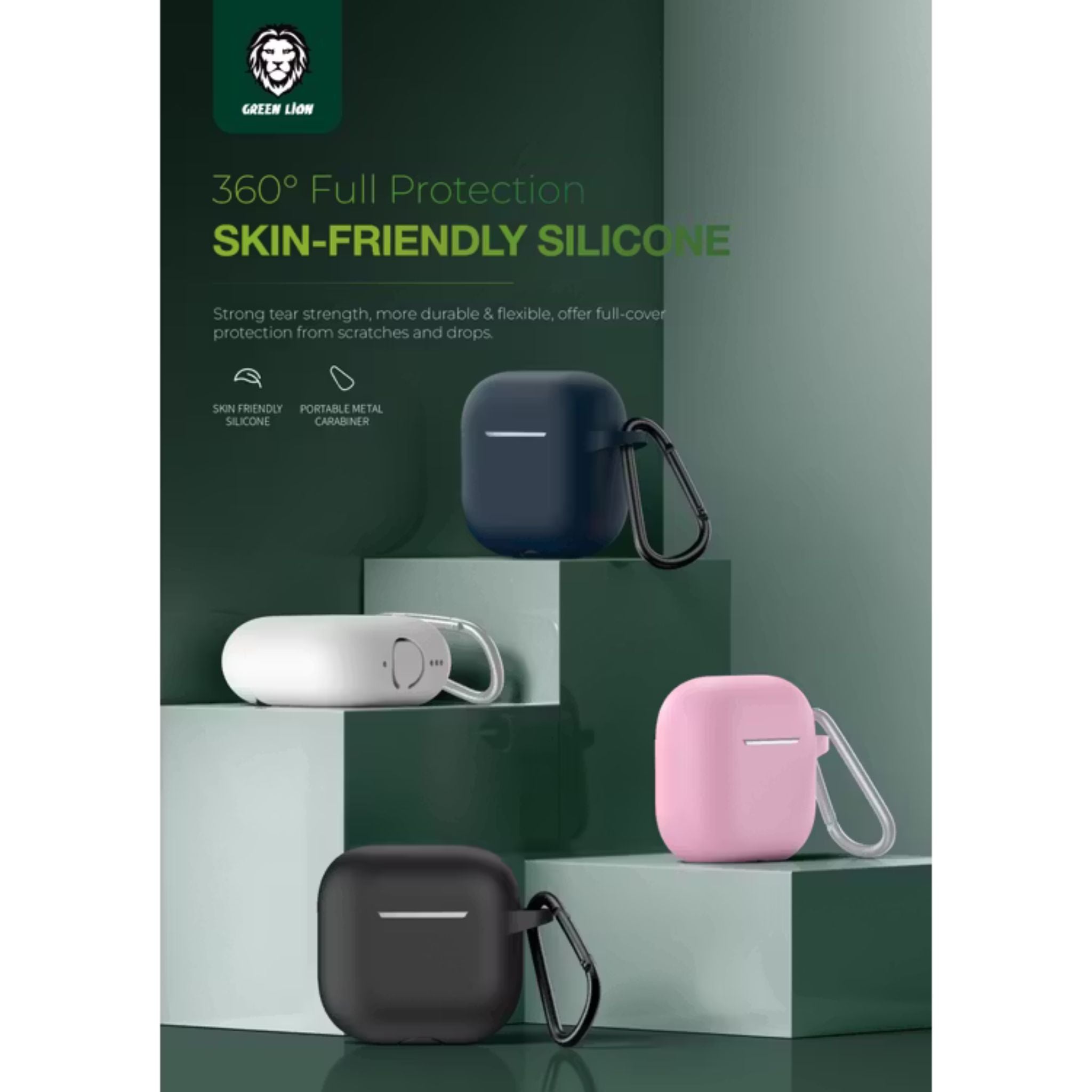 Green Lion Berlin Series Silicone Case for Airpods 4, Metal Carabiner, 360° Full Protection, Shock Absorbent, Skin Friendly Silicone, Washable Material - White