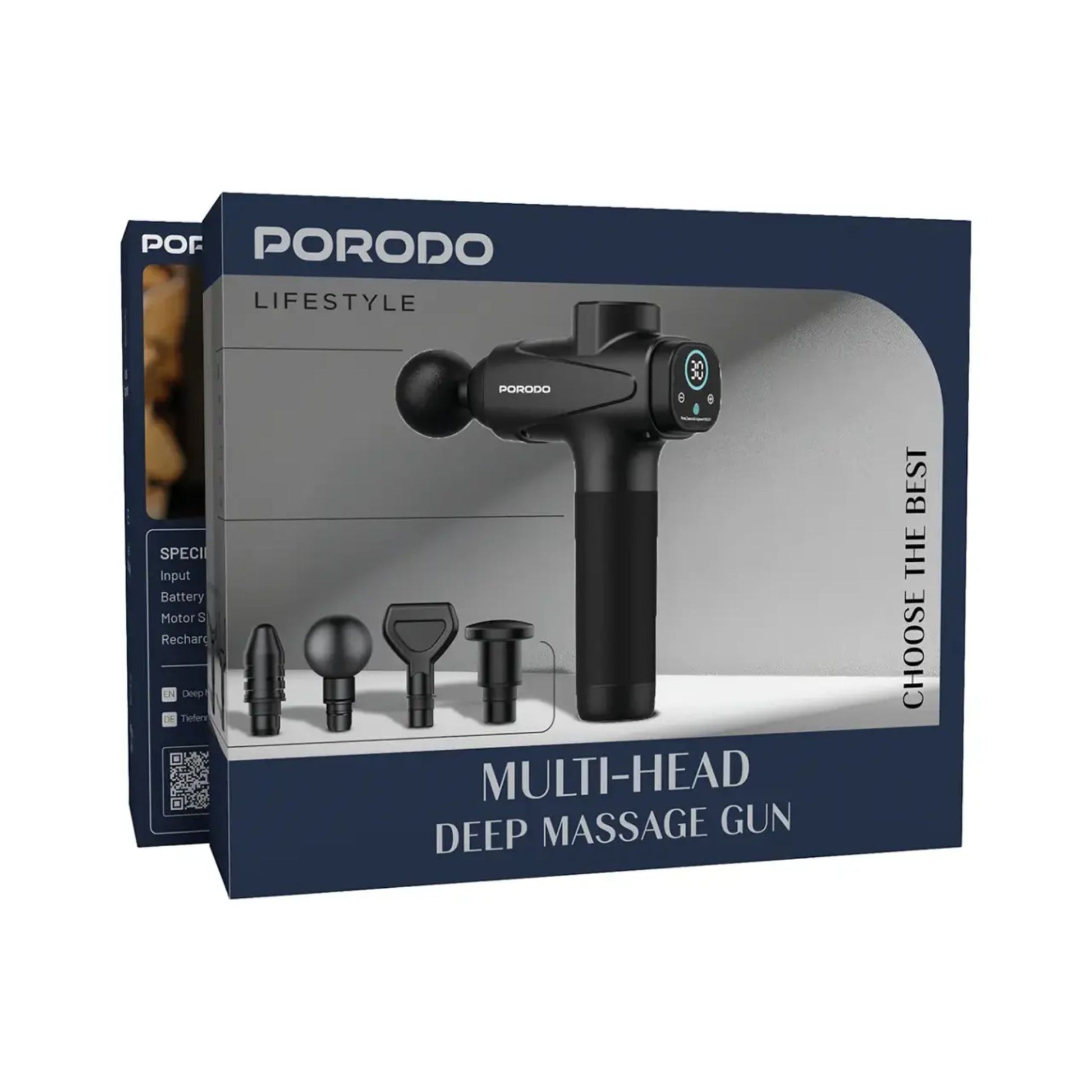 Porodo multi-head deep massage gun packaging with product inside