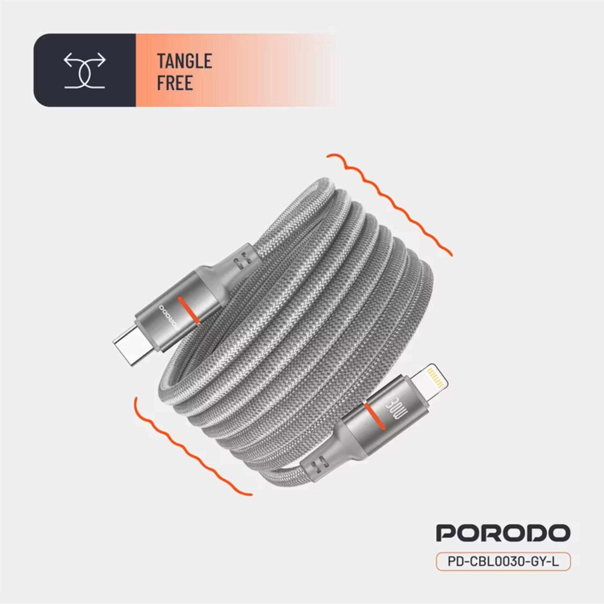 Porodo Type-C to Lightning Magnetic Braided Cable with 30W Power Delivery, 1.2m Cable Length, More than 15,000 Bends Lifespan, Tangle-Free Design - Gray
