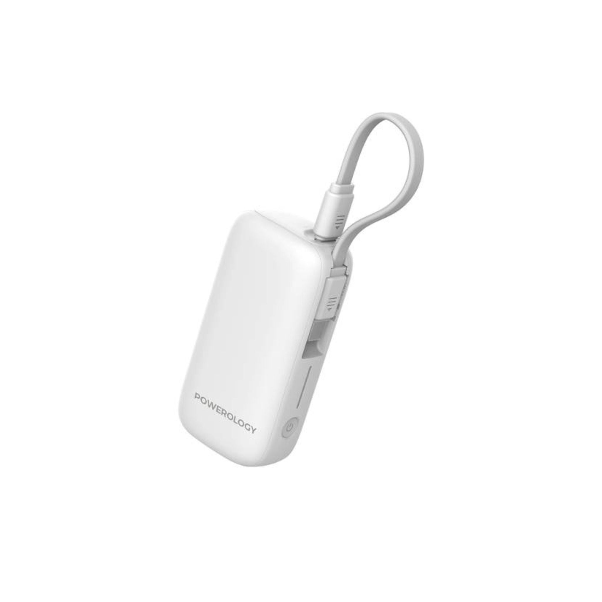 A white Powerology 5000mAh Power Bank with a removable USB-C wire and a USB-A output, featuring a compact design.