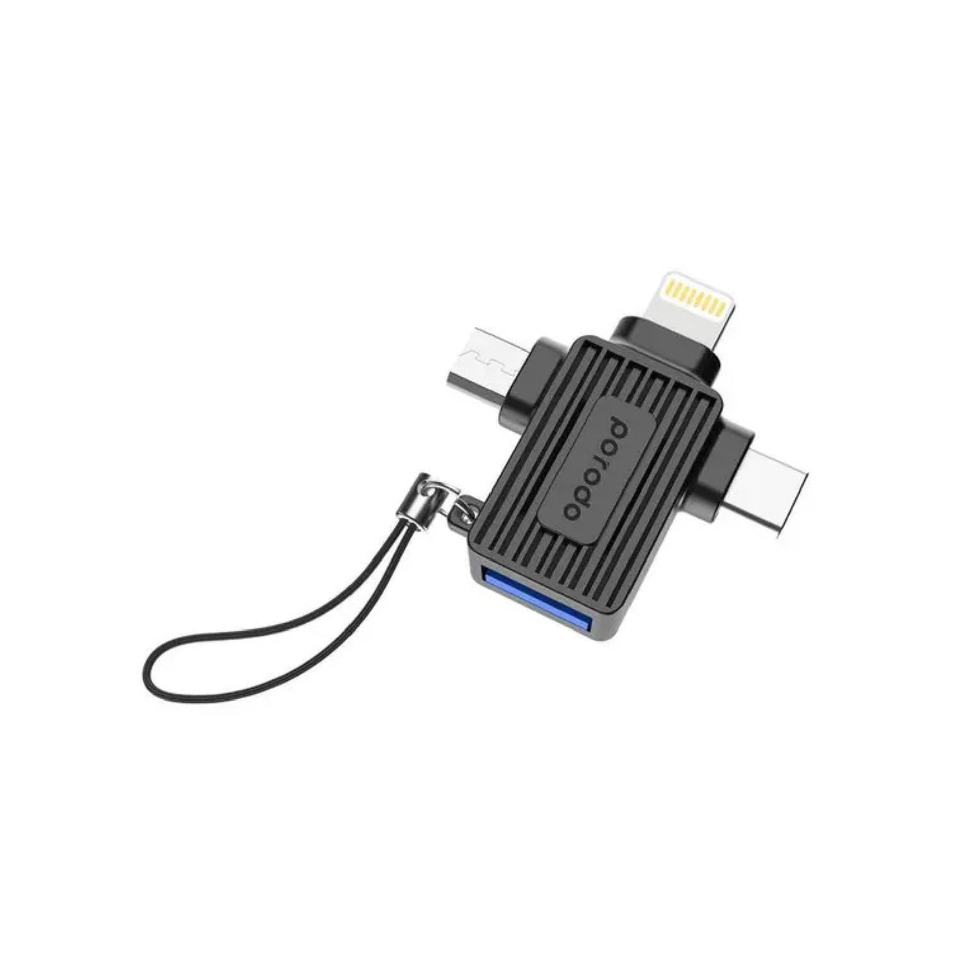 A black Porodo 3-in-1 OTG Adapter with a USB A to Lightning connector on one end and Micro-USB and Type-C ports on the side.