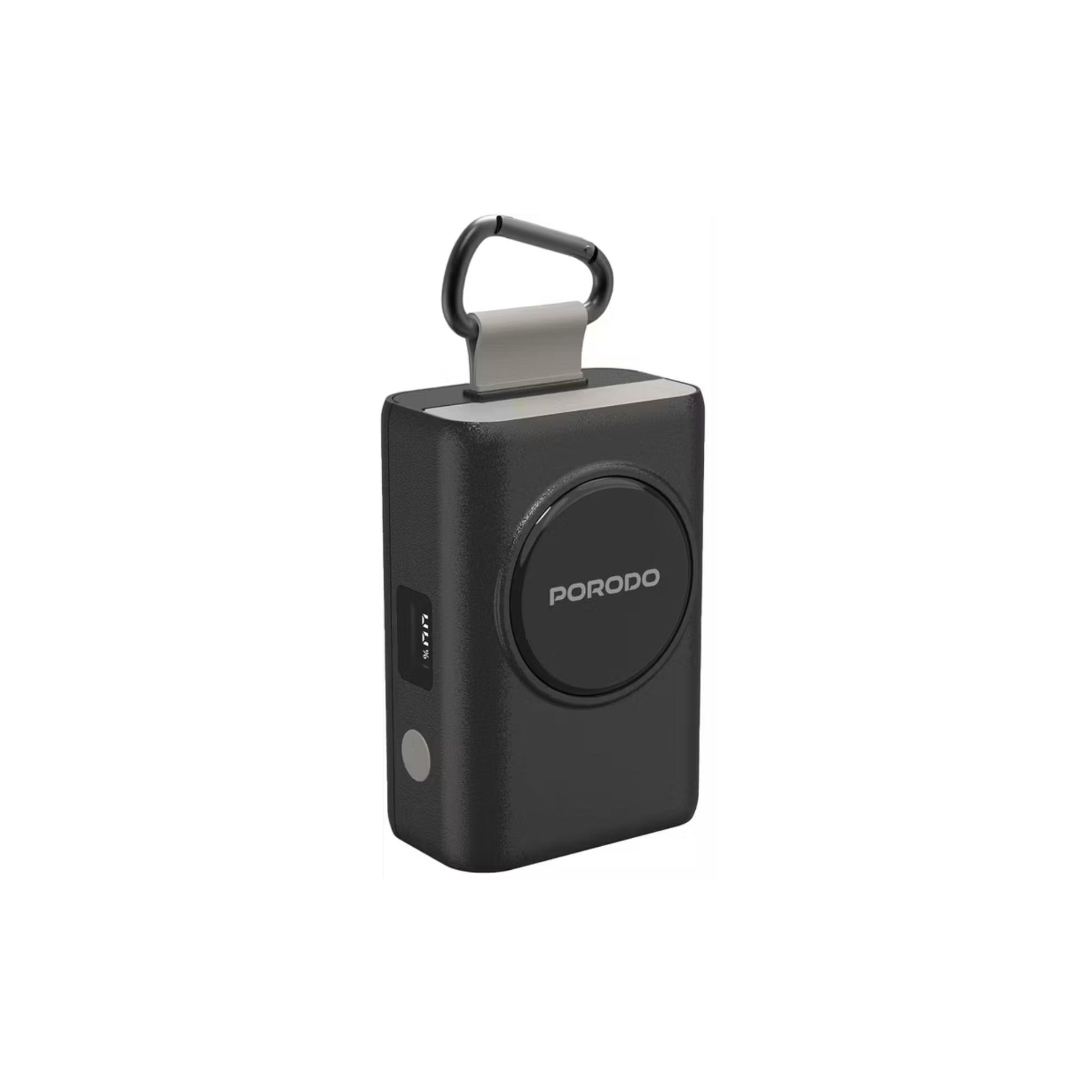 Black wireless charging device with 'PORODO' branding on a white background