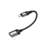 A black Porodo Lightning OTG Wire with a braided cable design and a Lightning connector on one end, compatible with Apple devices.