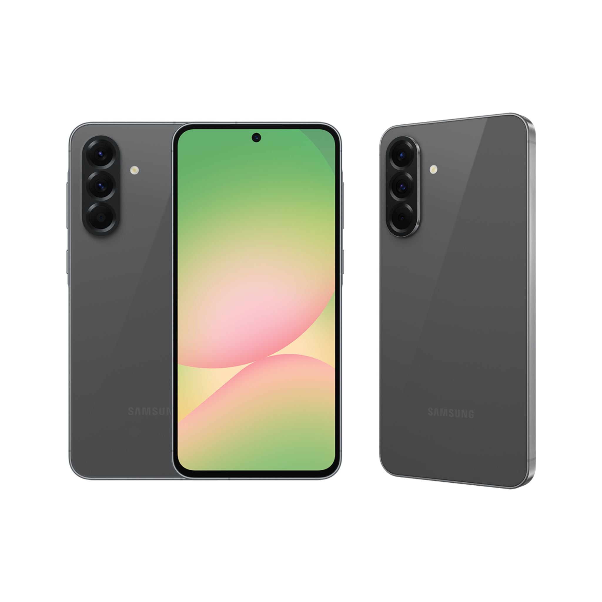 Samsung smartphone showing front and back views on a white background