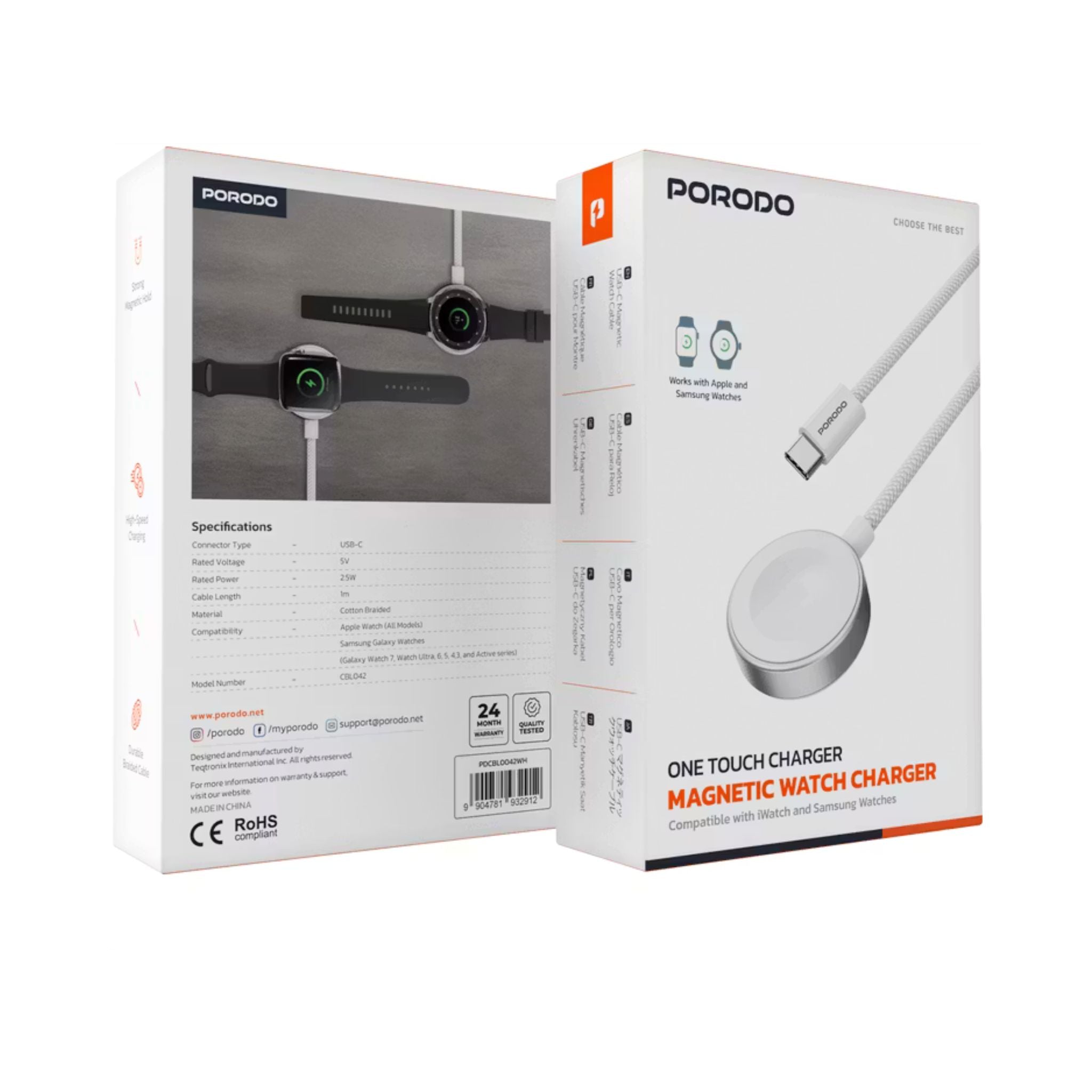 Porodo One Touch Magnetic Watch Charger with 2.5W Rated Power, 1m Cable Length, Cotton Braided Material, High-Speed Charging, Strong Magnetic Hold - White