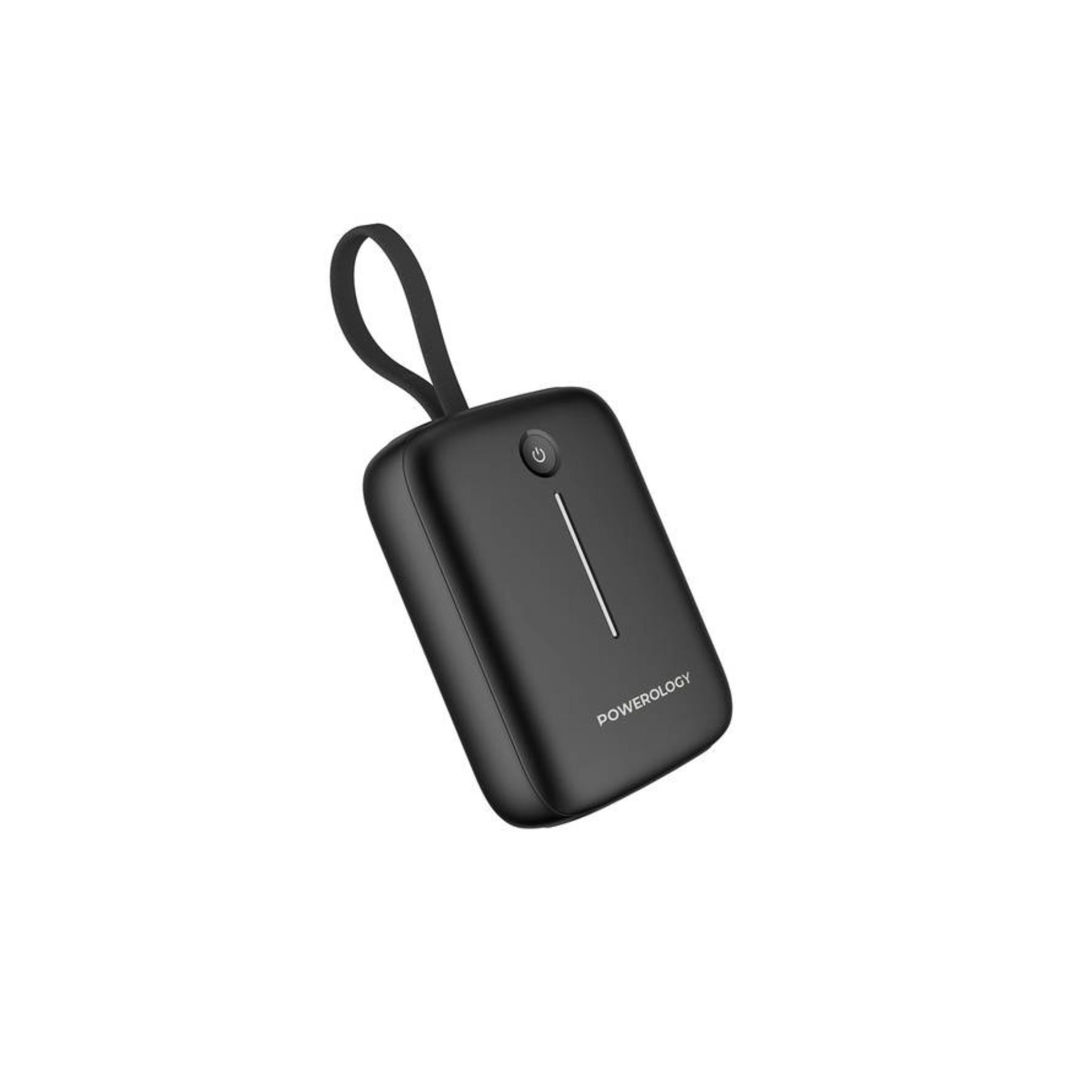 A black Powerology 10000mAh power bank with a detachable USB-C wire and a lanyard loop.