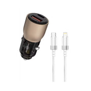 Porodo 95W Transparent Car Charger with 90cm USB-C to Lightning Cable, Zinc Alloy & PC Material, 30W USB-A & 65W USB-C Outputs, Simultaneous Fast Charging, Universal Compatibility - Desert Titanium