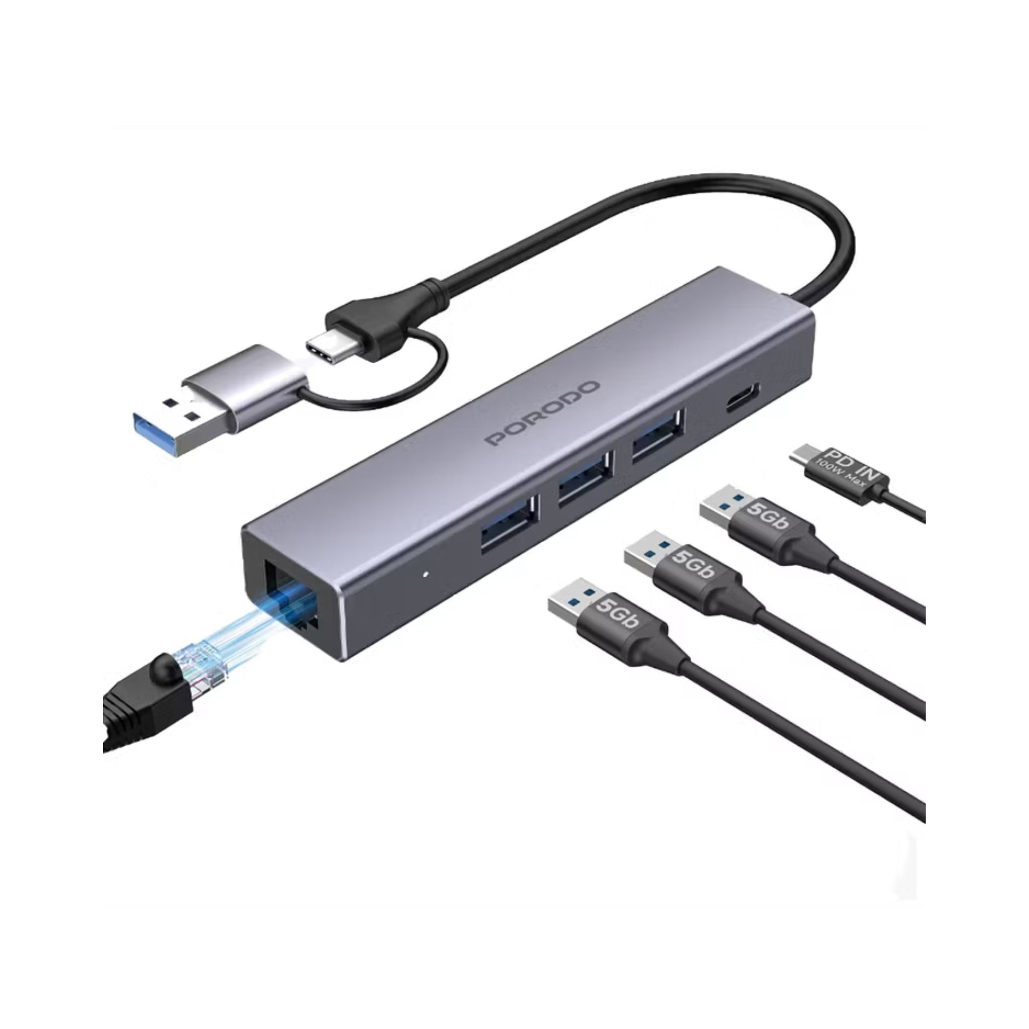 Porodo 5-in-1 Multi-Port Hub with RJ45, USB-C & Triple USB 3.0 Ports, 100W Power Delivery, Aluminum Alloy Housing, Universal Compatibility, Plug & Play Design - Gray
