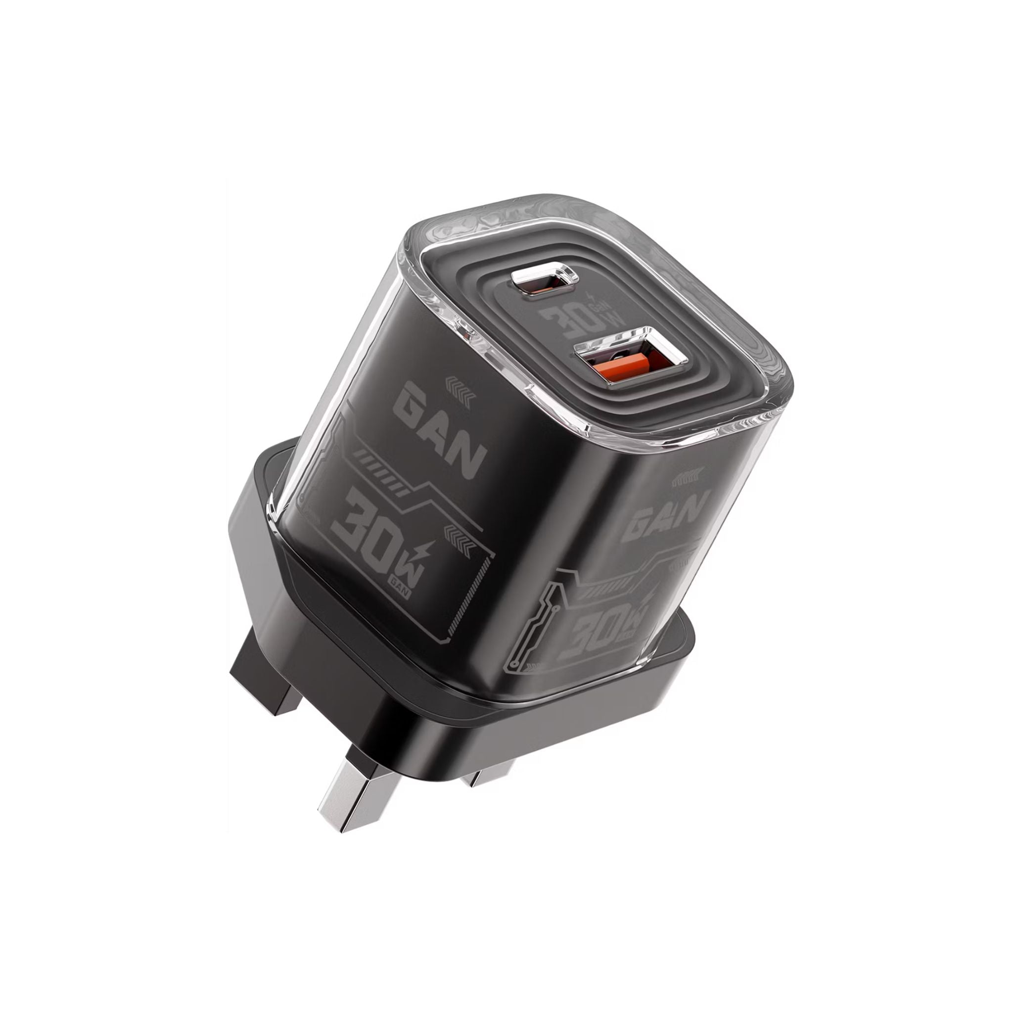 Porodo TEZCLARTÉ Quick Wall Charger with Dual Port Fast Charging, Flame Retardant Housing, Transparent Design, PD 30W USB-C Output, QC 20W USB-A Output - Black