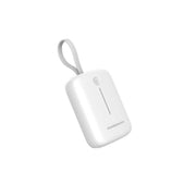 A white Powerology 10000mAh power bank with a detachable USB-C wire and a LED indicator, designed for charging multiple devices.