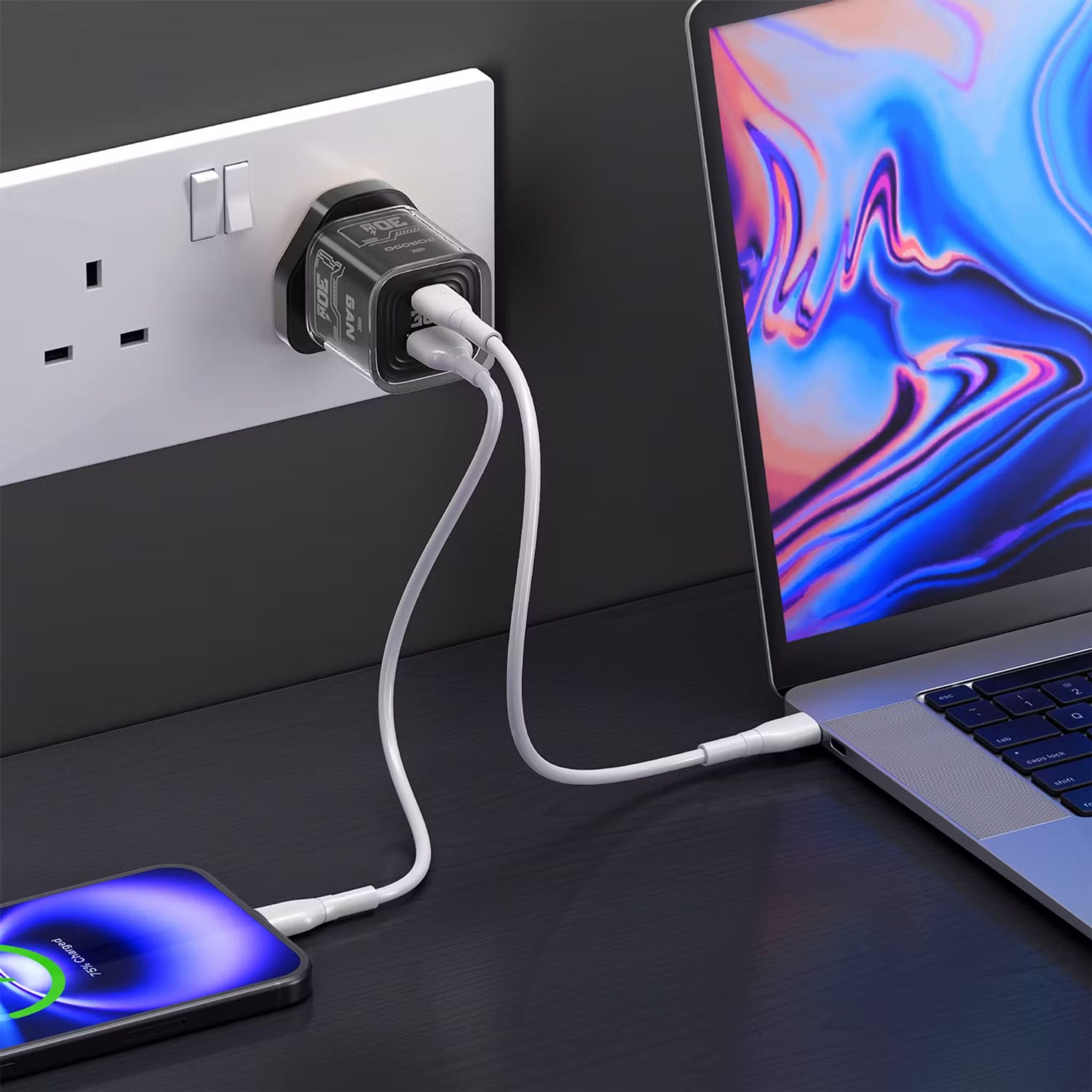 Porodo TEZCLARTÉ Quick Wall Charger with Dual Port Fast Charging, Flame Retardant Housing, Transparent Design, PD 30W USB-C Output, QC 20W USB-A Output - Black