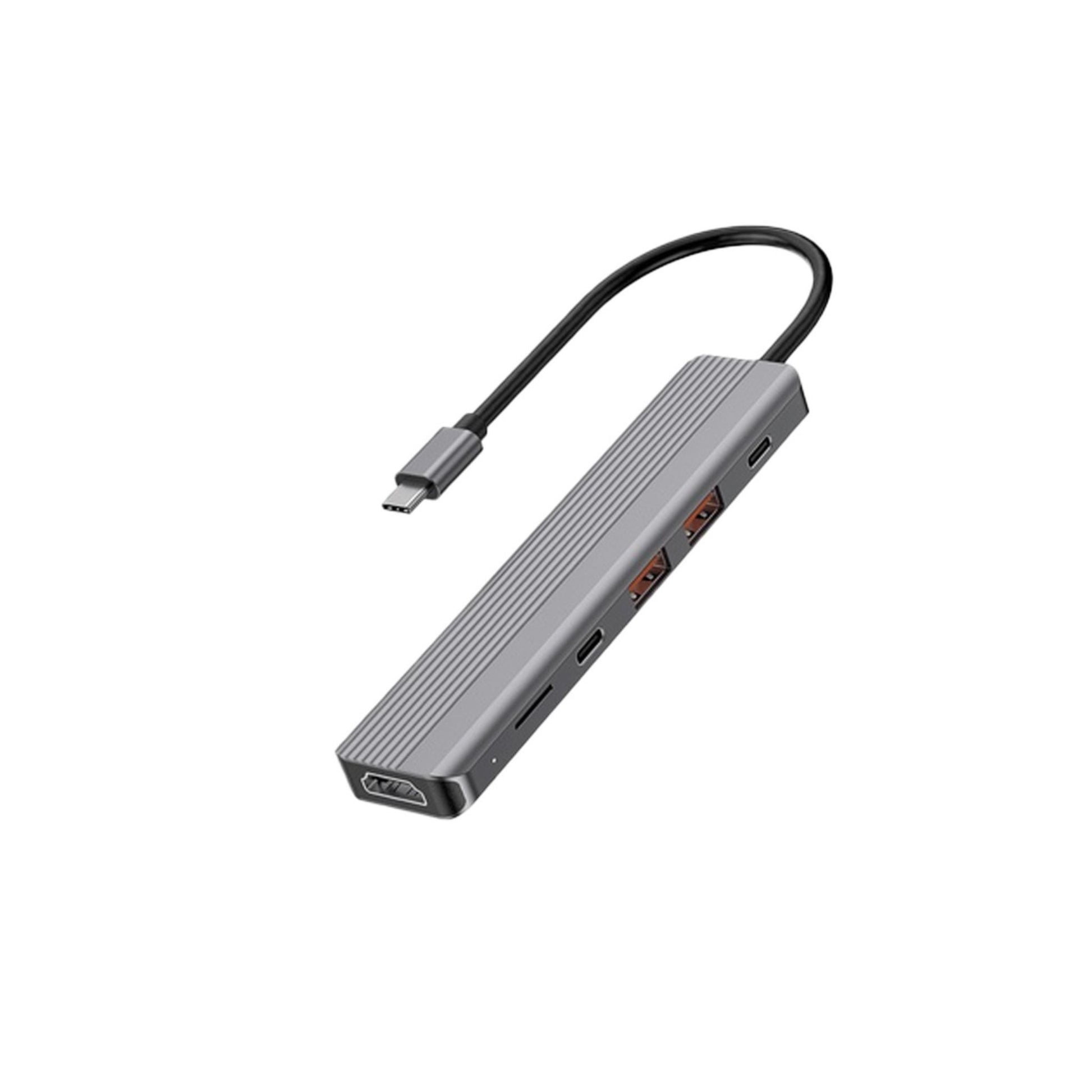 A gray Powerology 6-in-1 Slim 4K HDMI USB-C Hub with a micro SD slot, featuring a USB-C and HDMI port.
