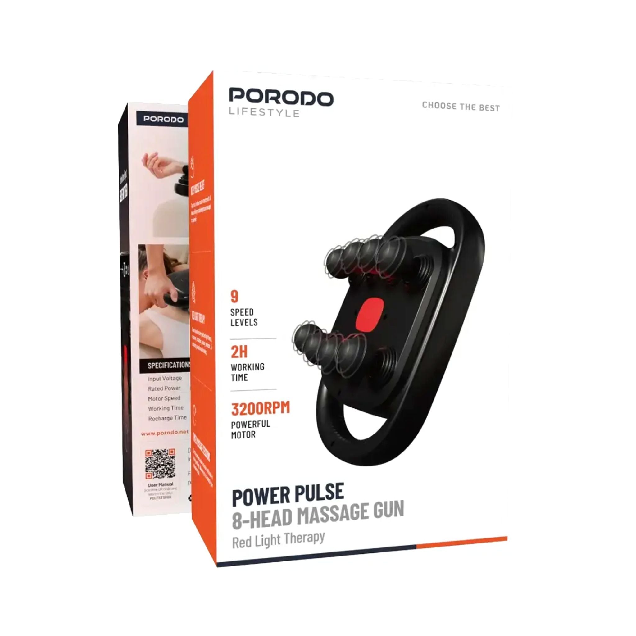 Porodo Lifestyle Power Pulse 8-Head Massage Gun with Red Light Therapy, 9 Speed Levels, 25W Motor, 3200RPM, USB-C Charging, 1500mAh Battery, Deep Muscle Relief-Black