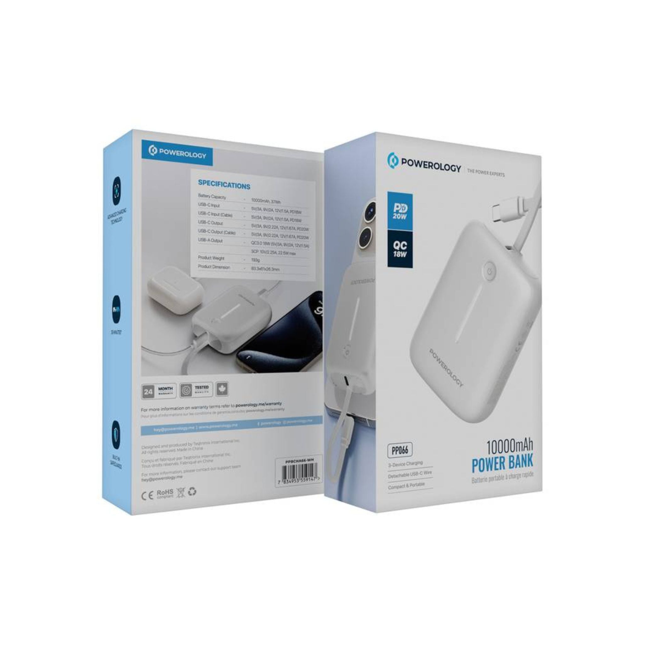 Powerology 10000mAh Power Bank with Detachable USB-C Wire, 20W Power Delivery, 3-Device Charging, Long Time Standby, Universal Phone Compatibility, Built-in Safeguards - White