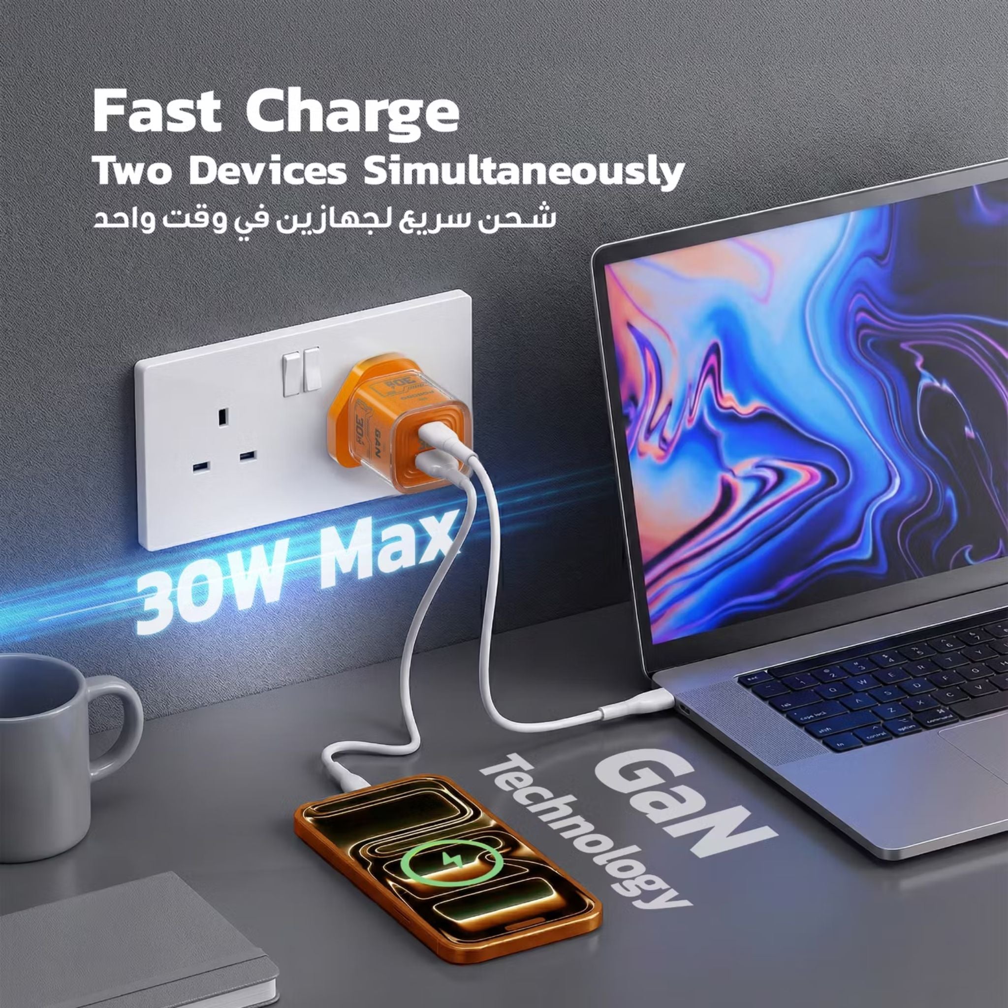 Porodo TEZCLARTÉ Quick Wall Charger with Dual Port Fast Charging, Flame Retardant Housing, Transparent Design, PD 30W USB-C Output, QC 20W USB-A Output - Orange