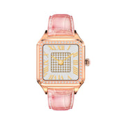 Watch with pink strap and rose gold case on a white background