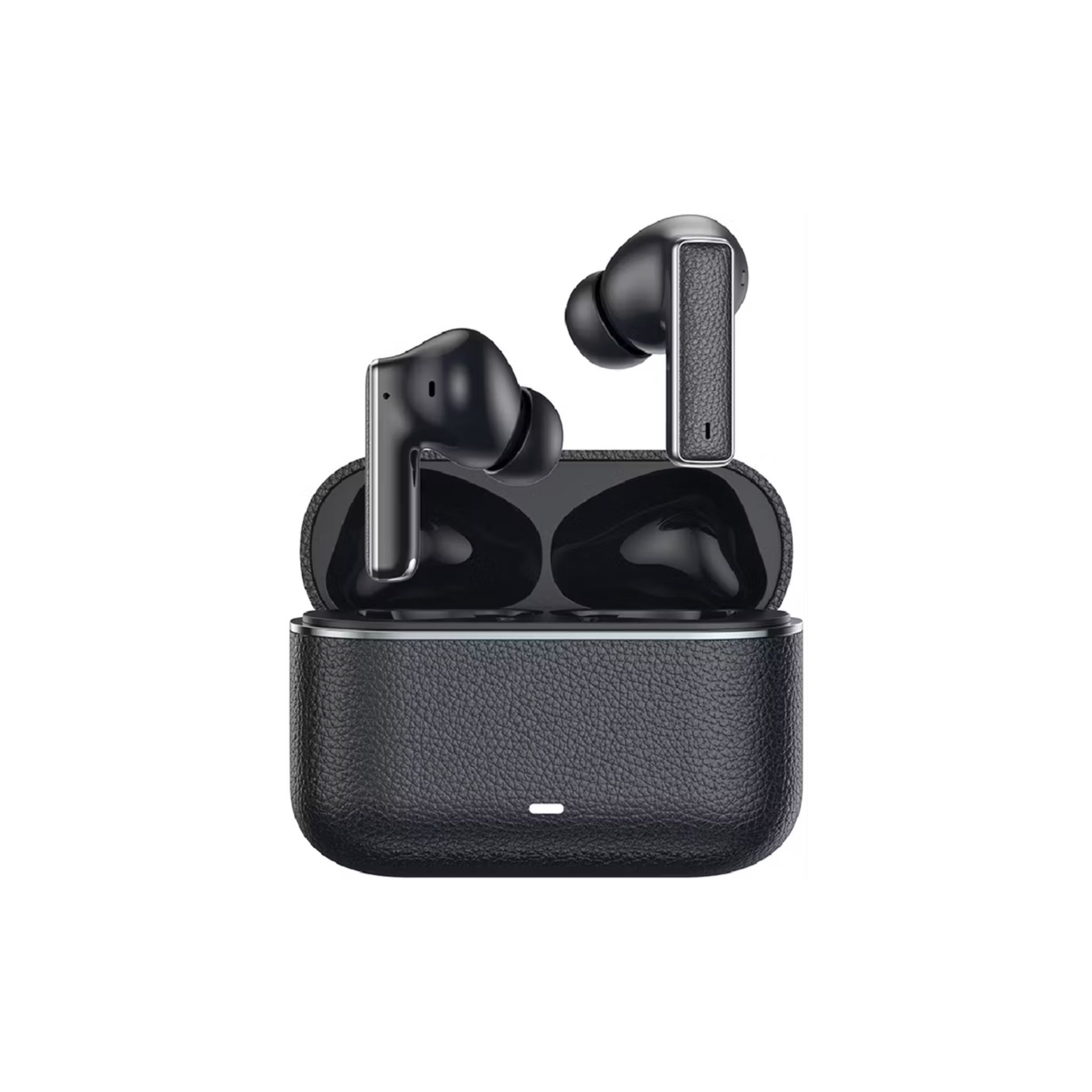 Black wireless earbuds with charging case on a white background