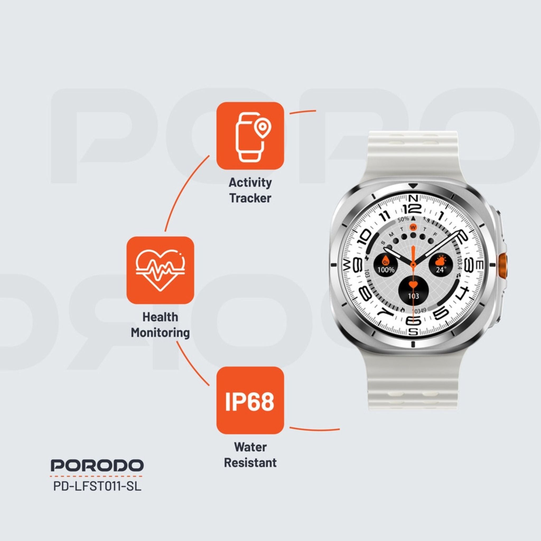 Porodo Voyager Smart Watch 1.43" AMOLED Display 466×466, Bluetooth Calling, Built-In Compass, Rugged Zinc Alloy Design, 400mAh Battery Up to 7 Days, Android & iOS Compatible- Silver