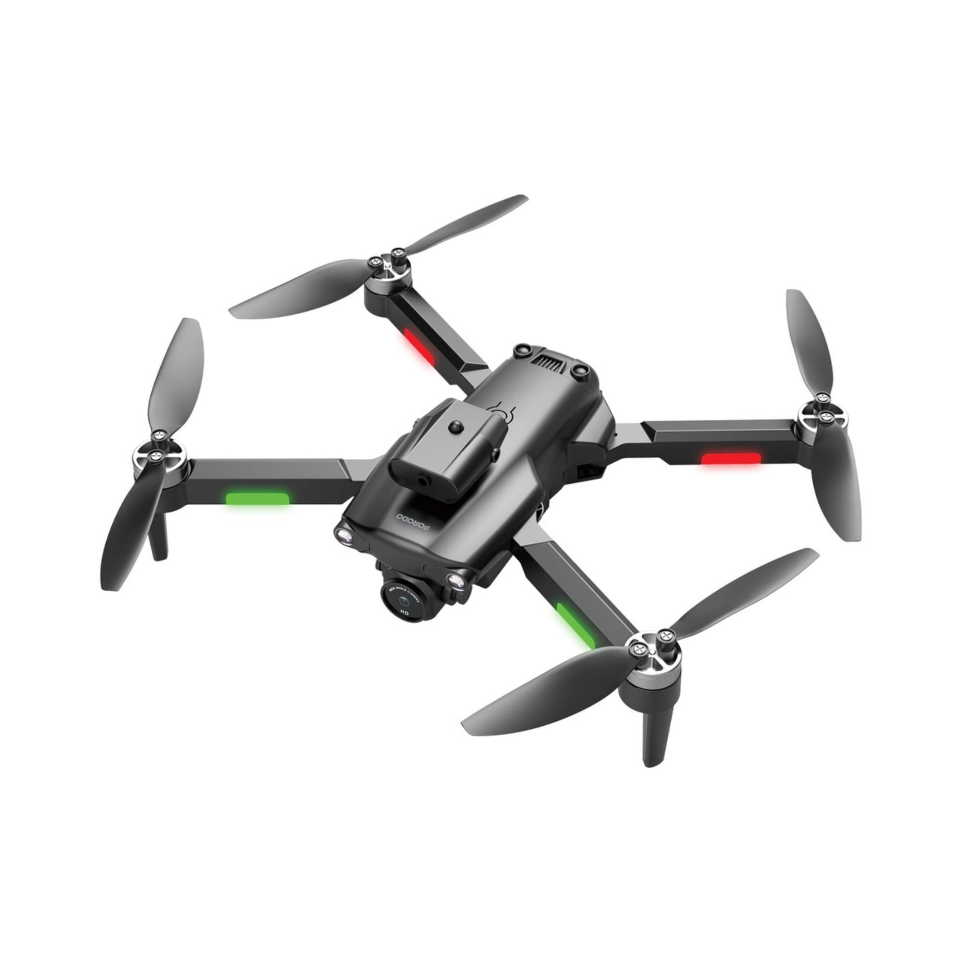 A black Porodo Aeroswift folding drone with brushless motors and infrared obstacle avoidance, featuring red and green accents on the propellers.