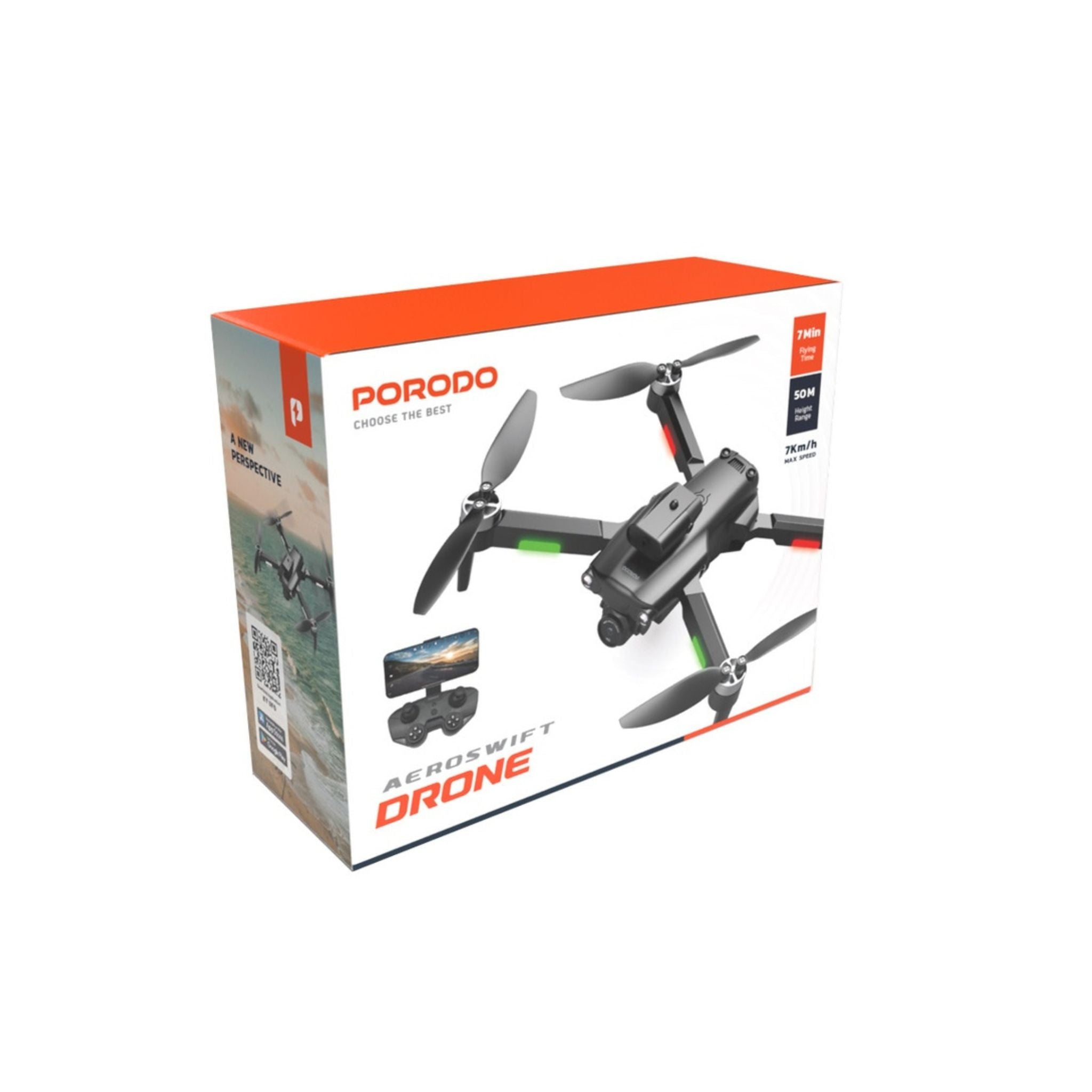 Porodo R/C  Folding Drone With Brushless Motor and Infrared Obstacle Avoidance,50M Height,7KM/H Max Speed Suitable for Kids & Adult,Fast-Charge Tech,Versatile & Compact,6-Axis Gyro Stabilizer,360˚ Flip- Black