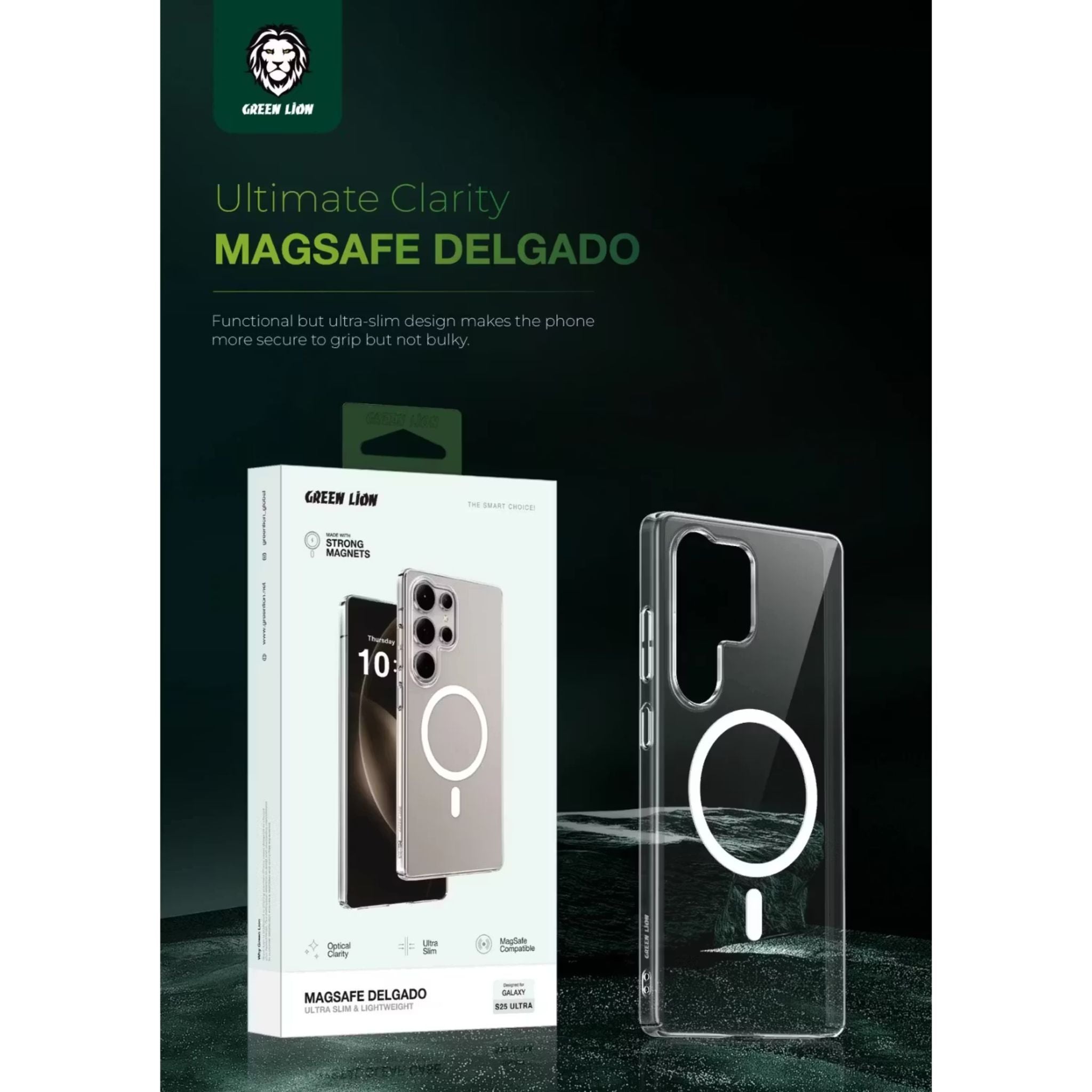 Green Lion Magsafe Delego Case for Samsung Galaxy S25 Ultra, MagSafe Compatibility, Comfortable Grip, Optical Clarity, Anti-Fingerprint, Raised Edge, Lightweight, Ultra Slim - Clear