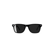 A pair of black smart glasses with a magnetic charger.