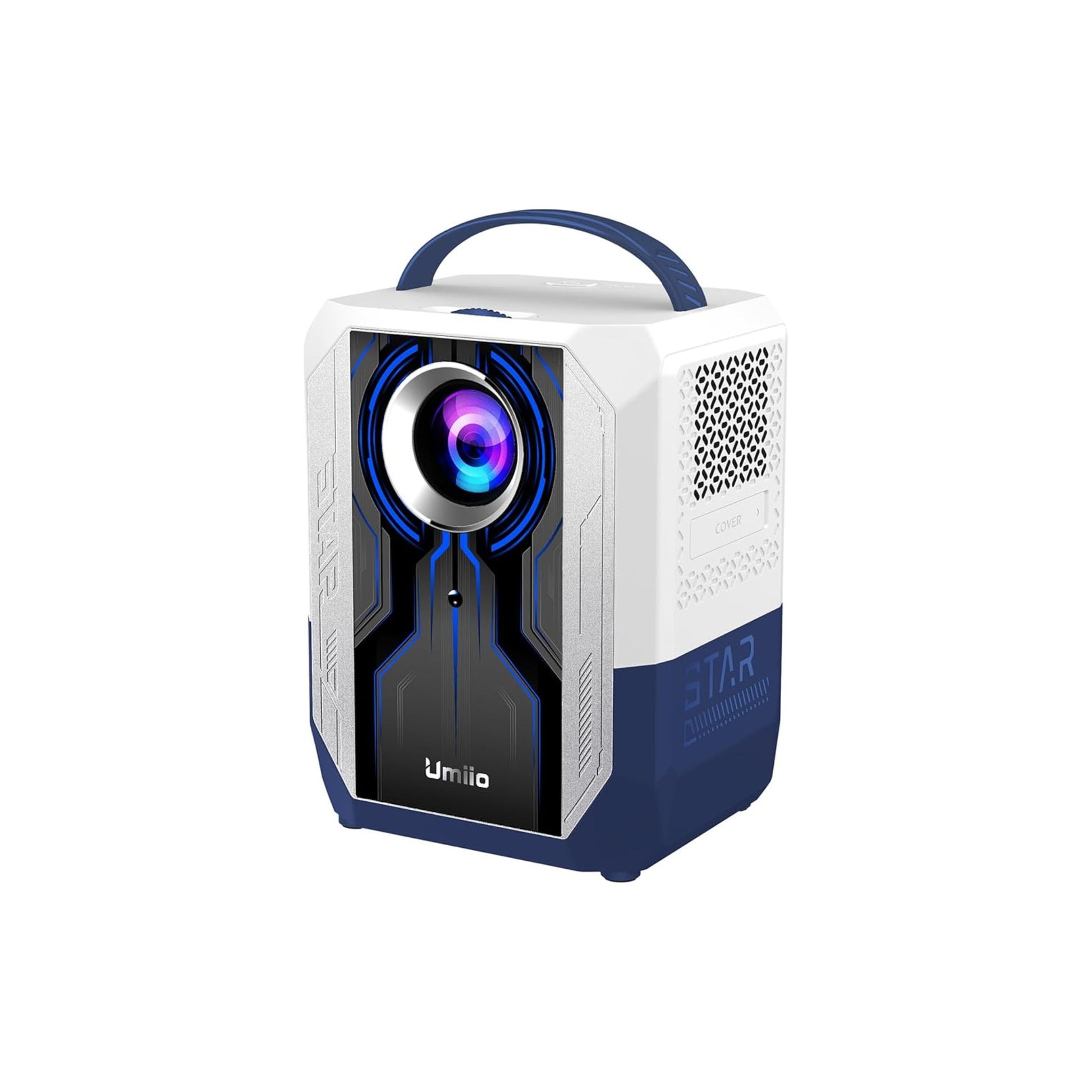Portable projector with blue and white design on a white background
