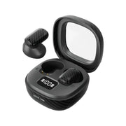 Black wireless earbuds with charging case on a white background