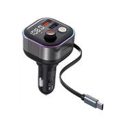 Porodo Audio Boost Bluetooth FM Transmitter Quick-Charge Car Charger with 65W PD, USB-A & USB-C Outputs, USB Flash, 80cm Retractable Type-C Cable, 87.5-107.8 FM Frequency, LED Ambient Lighting, Universal Compatibility - Dark Gray