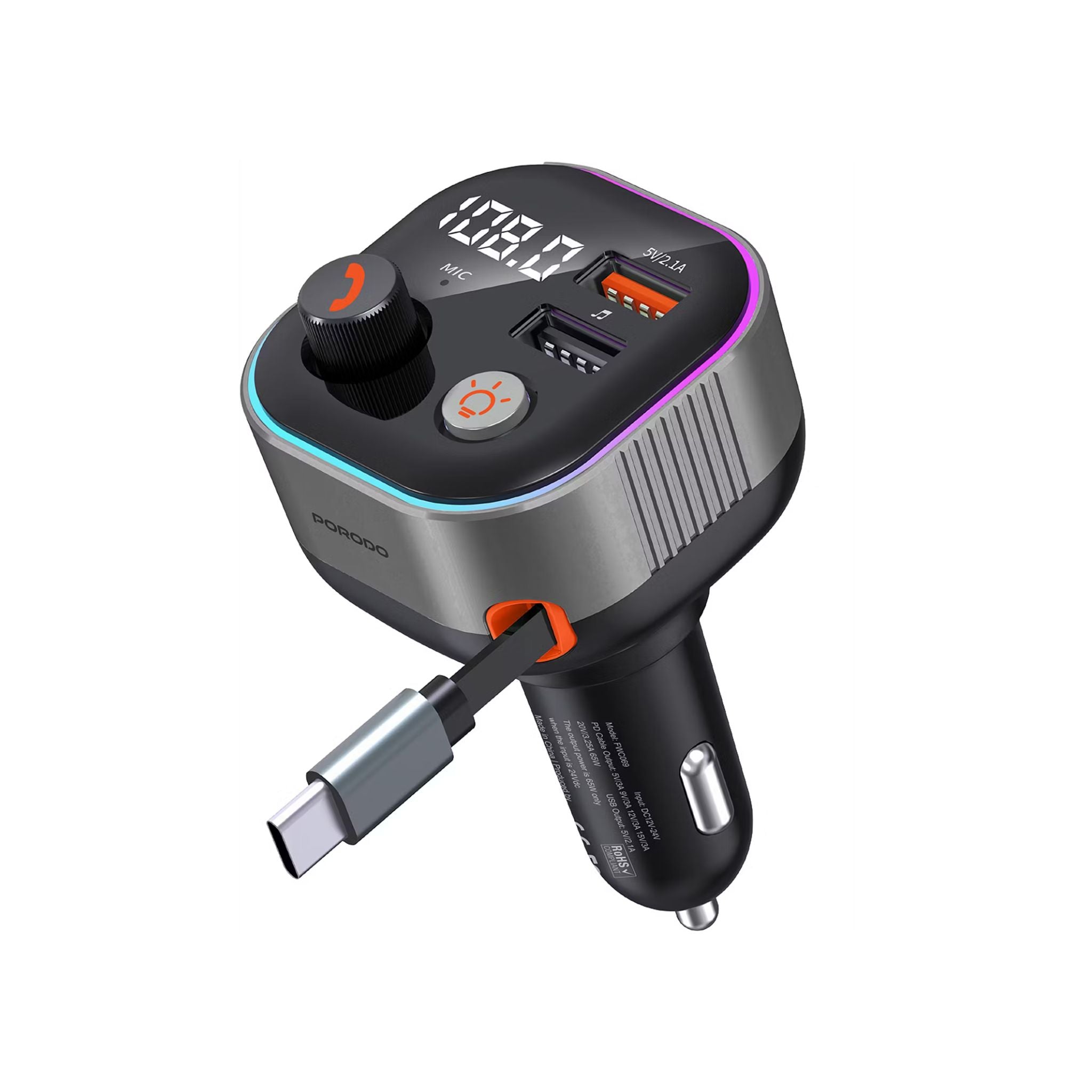 Porodo Audio Boost Bluetooth FM Transmitter Quick-Charge Car Charger with 65W PD, USB-A & USB-C Outputs, USB Flash, 80cm Retractable Type-C Cable, 87.5-107.8 FM Frequency, LED Ambient Lighting, Universal Compatibility - Dark Gray