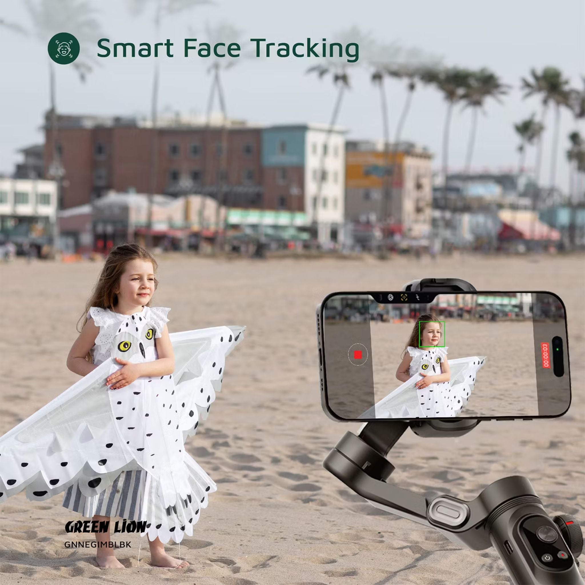 Green Lion New York Gimbal Smart Face Tracking with 6 Shooting Modes, Focus & Zoom Control, 310° Pan Rotation, 250g Load Capacity, Built-in Fill Light - Black