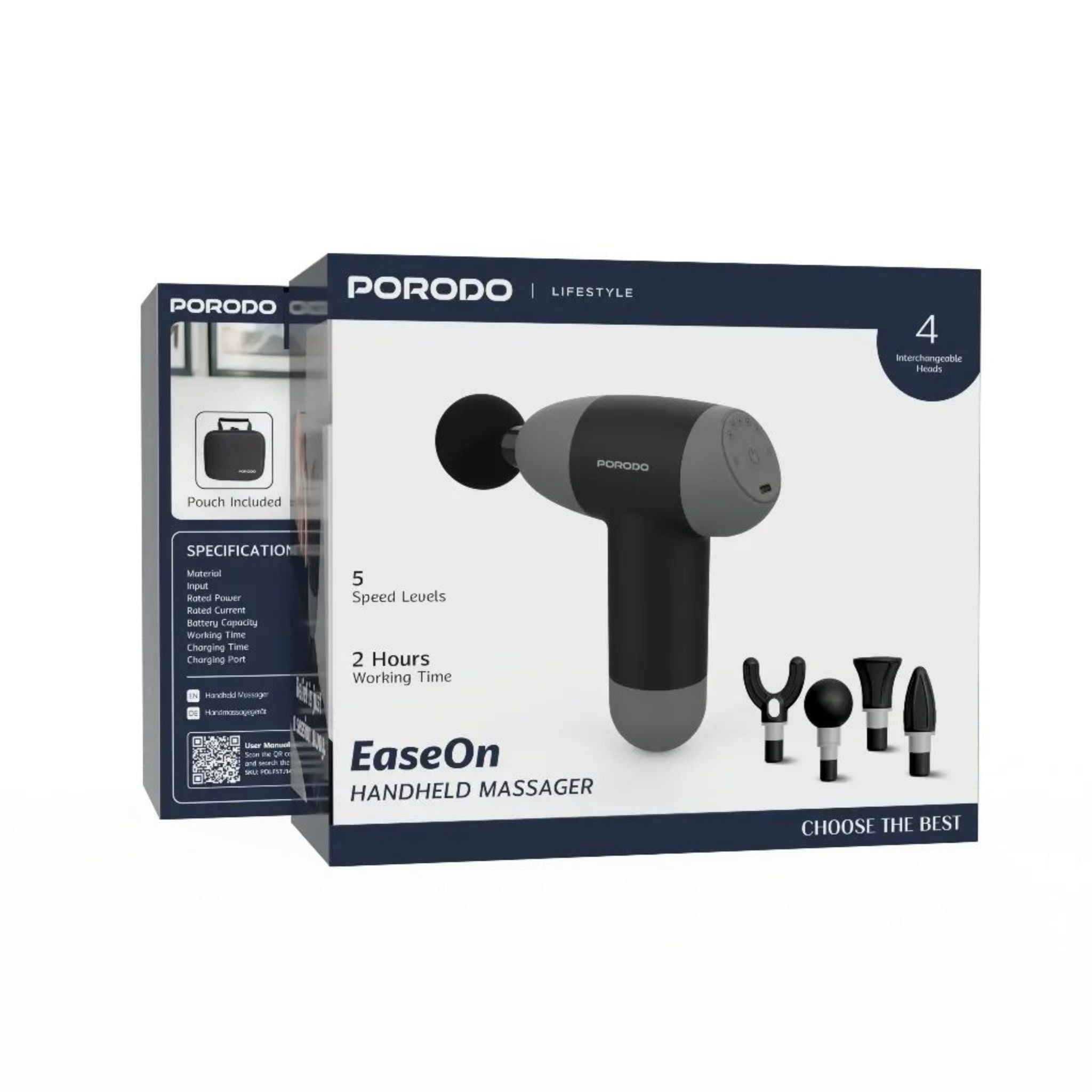 Porodo Lifestyle Handheld Electric Massager 5-Speed Deep Tissue Muscle Relaxation Device with 4 Heads Type-C Fast Charging 1200mAh Battery with Storage Pouch-Black
