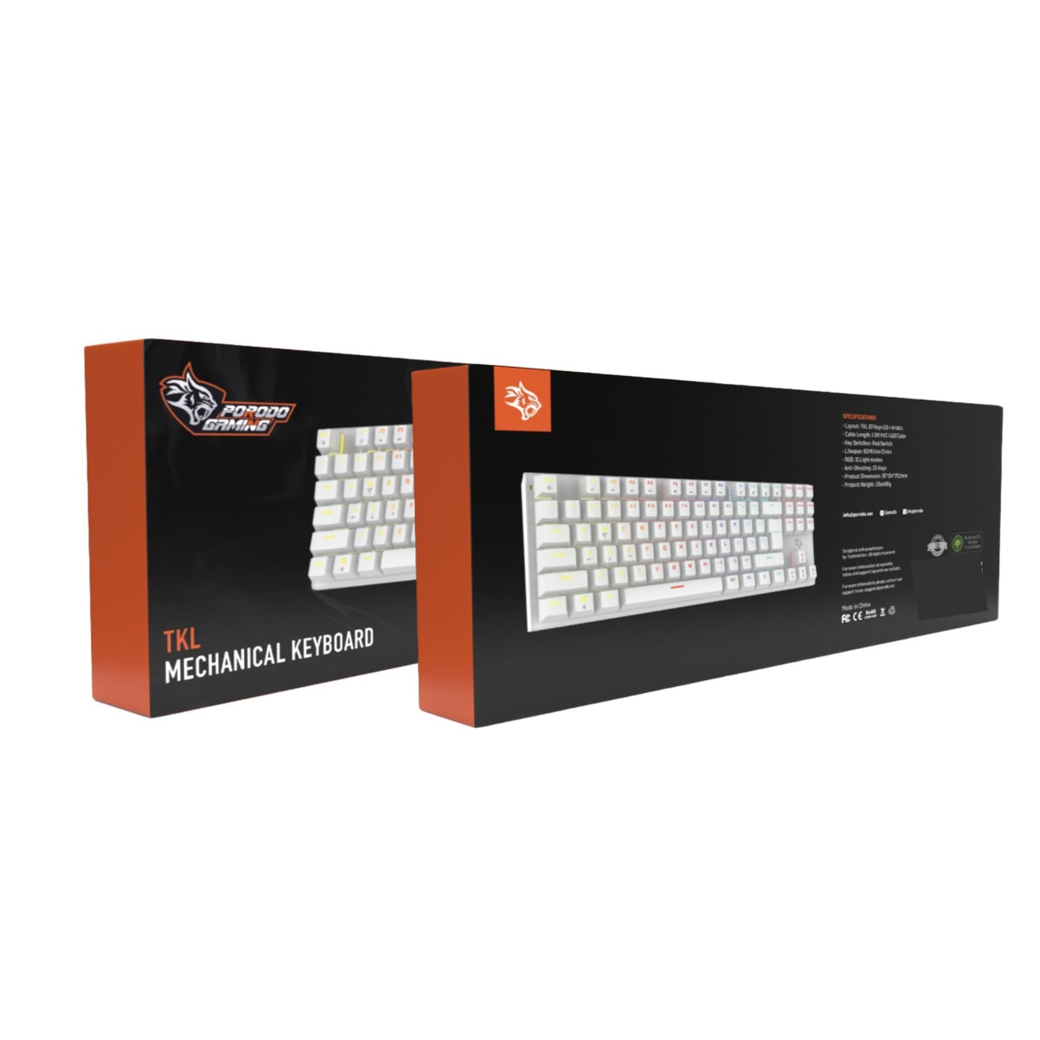 Porodo Gaming TKL Mechanical Keyboard with 12 RGB Light Modes, 25 Anti-Ghosting Keys, 50 Million Clicks Lifespan, 1.5m PVC Cable, Plug & Play, English & Arabic Keys - White