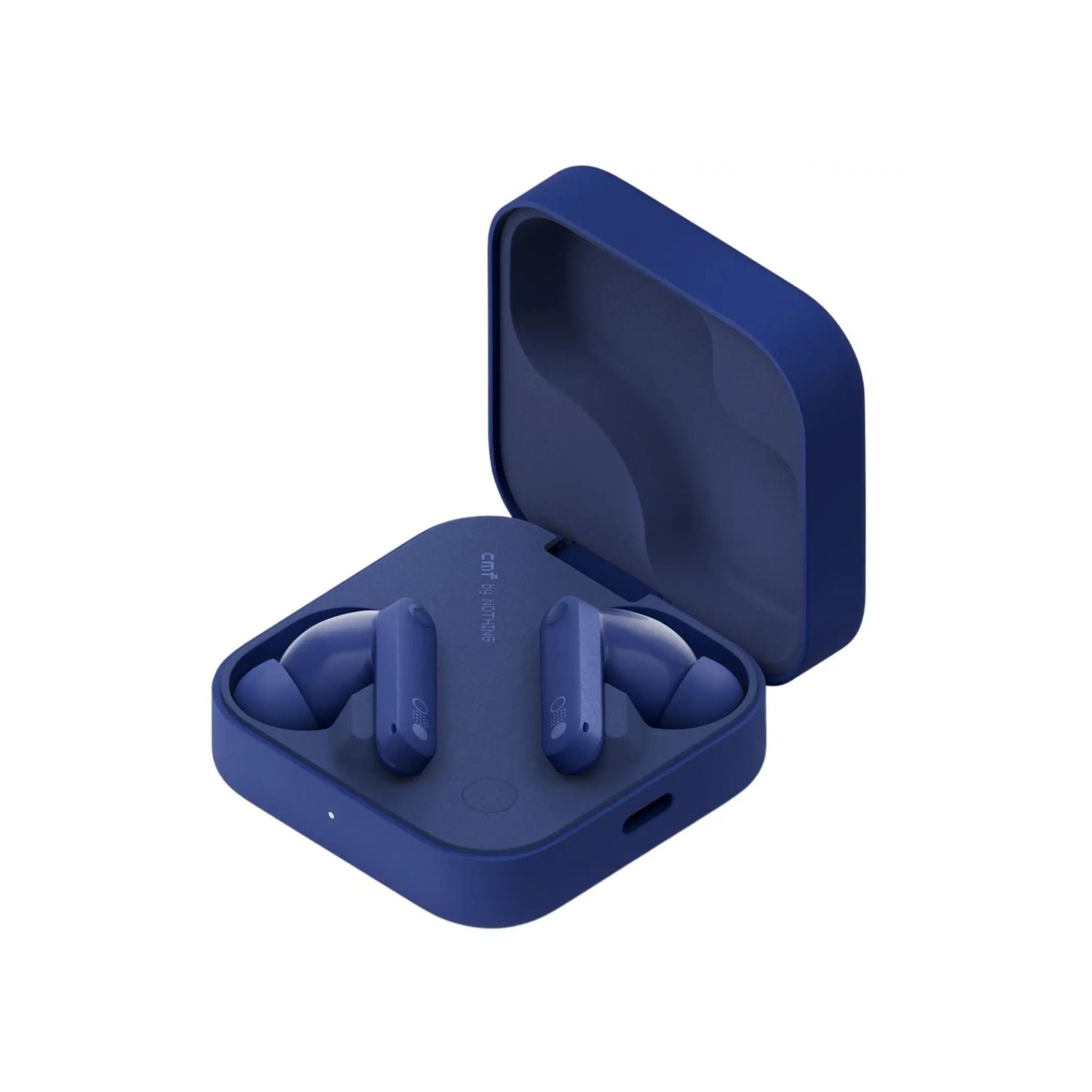 Blue wireless earbuds in an open case on a white background