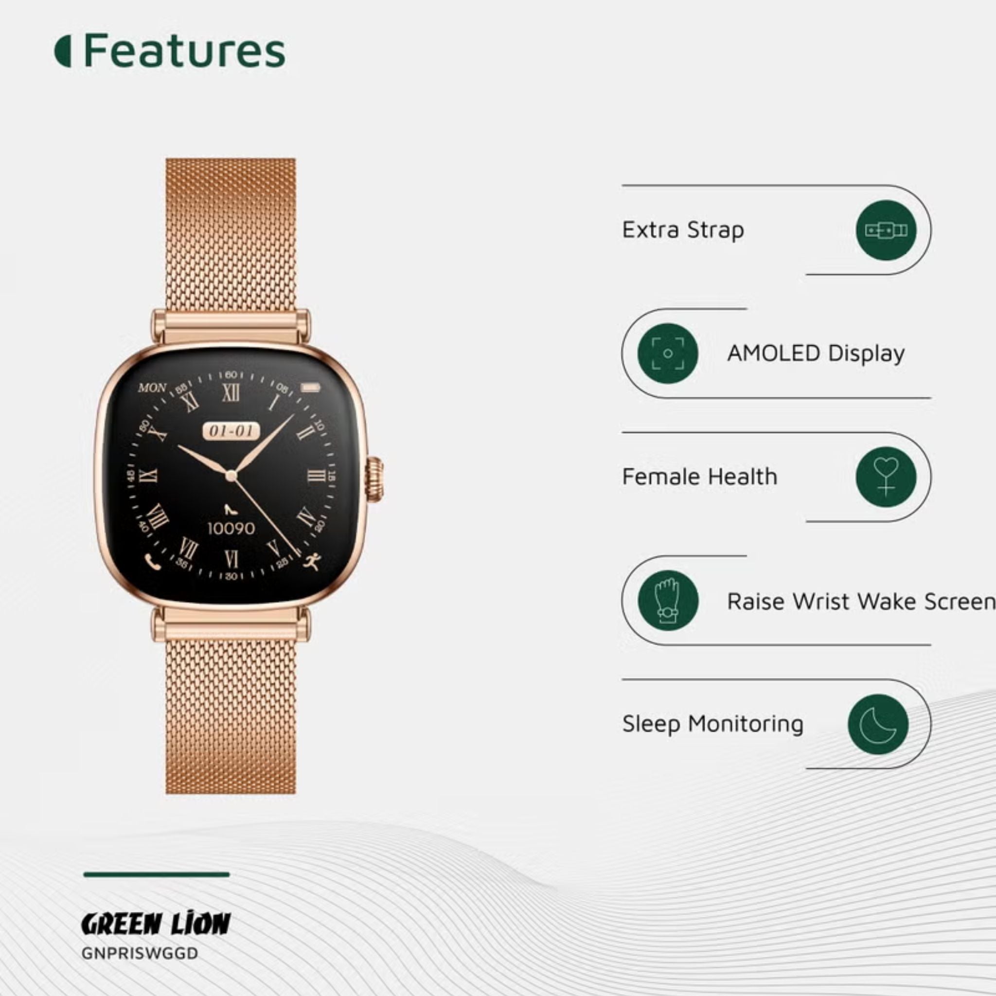 Green Lion Princess Smart Watch, 1.70" AMOLED Display, 336x336 Resolution, 1000 Nits Brightness, Blood Pressure & Sleep Monitoring, IP68 Water Resistance, Bluetooth 5.2, Glossy Gold